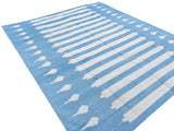 Modern Handmade Cotton Sky Blue And White Arrow Striped Rug-6747