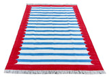 Modern Handmade Cotton Blue, White And Red Scalloped Striped Area Rug-6769
