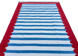 Modern Handmade Cotton Blue, White And Red Scalloped Striped Area Rug-6769