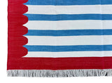 Modern Handmade Cotton Blue, White And Red Scalloped Striped Area Rug-6769