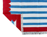 Modern Handmade Cotton Blue, White And Red Scalloped Striped Area Rug-6769