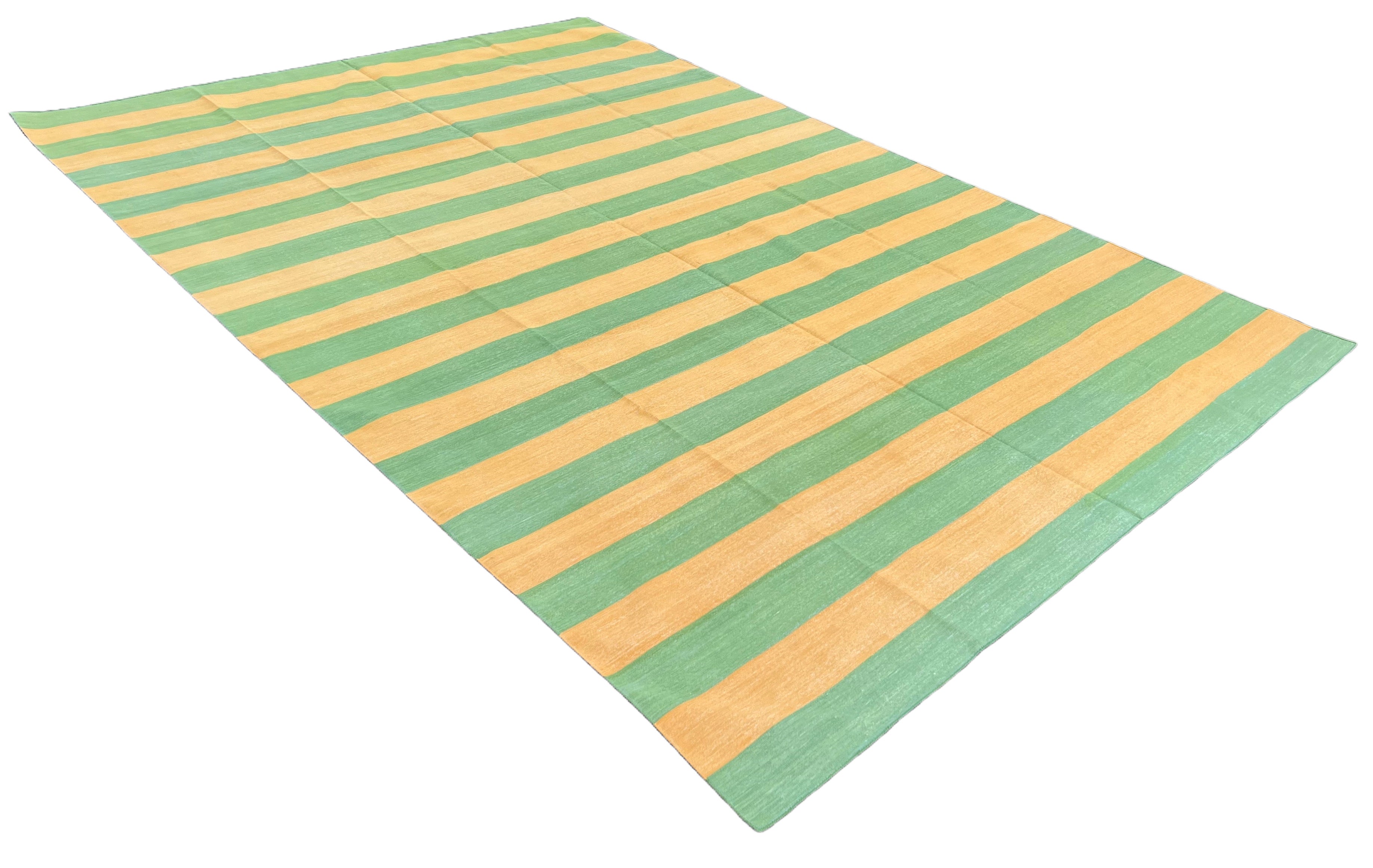 Modern Handmade Cotton Mustard And Moss Green Striped Area Rug-6750