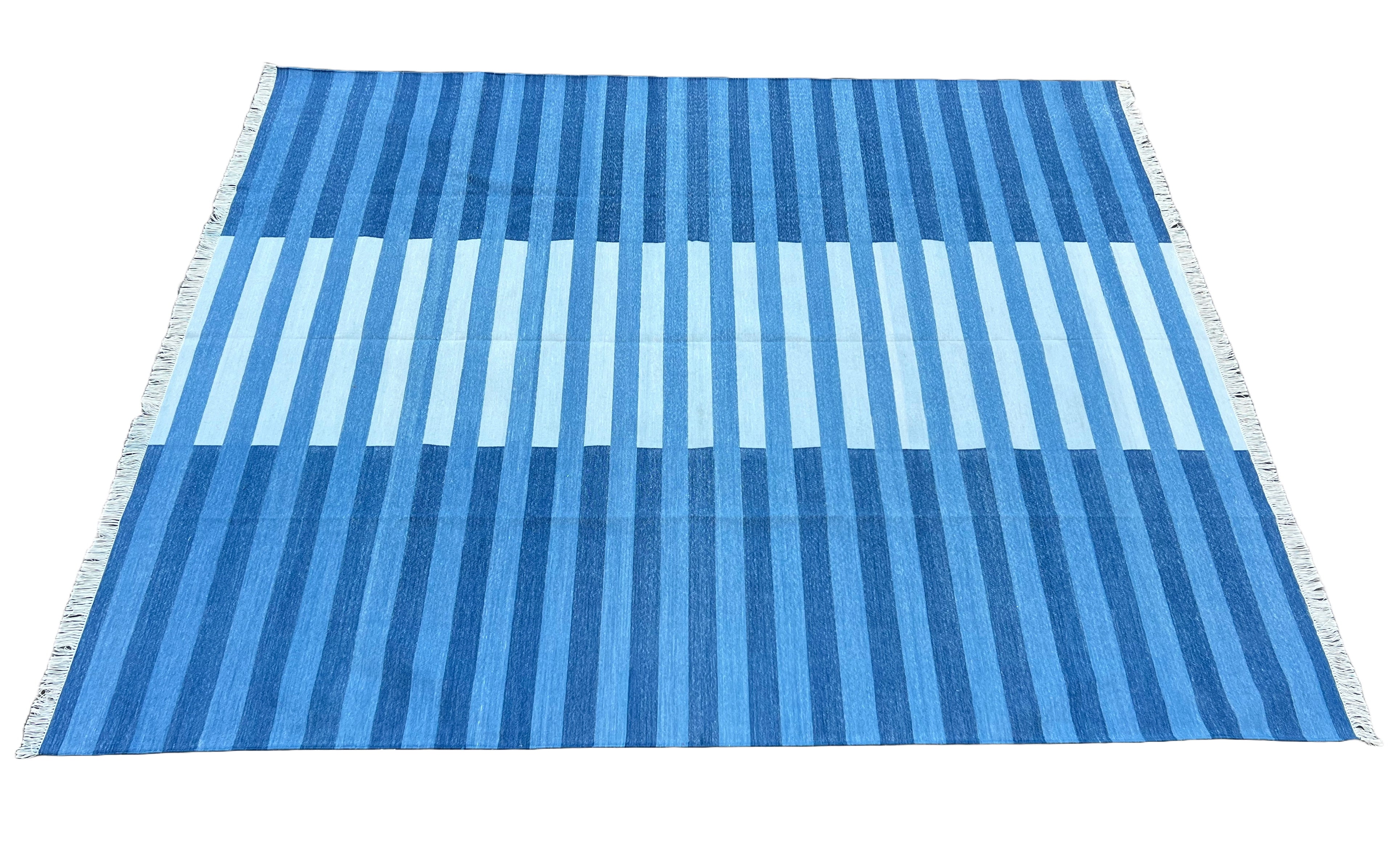 Modern Handmade Area Rug, Cotton Indigo And Sky Blue Striped Indian Dhurrie -6770
