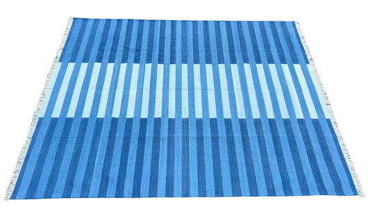 Modern Handmade Area Rug, Cotton Indigo And Sky Blue Striped Indian Dhurrie -6770