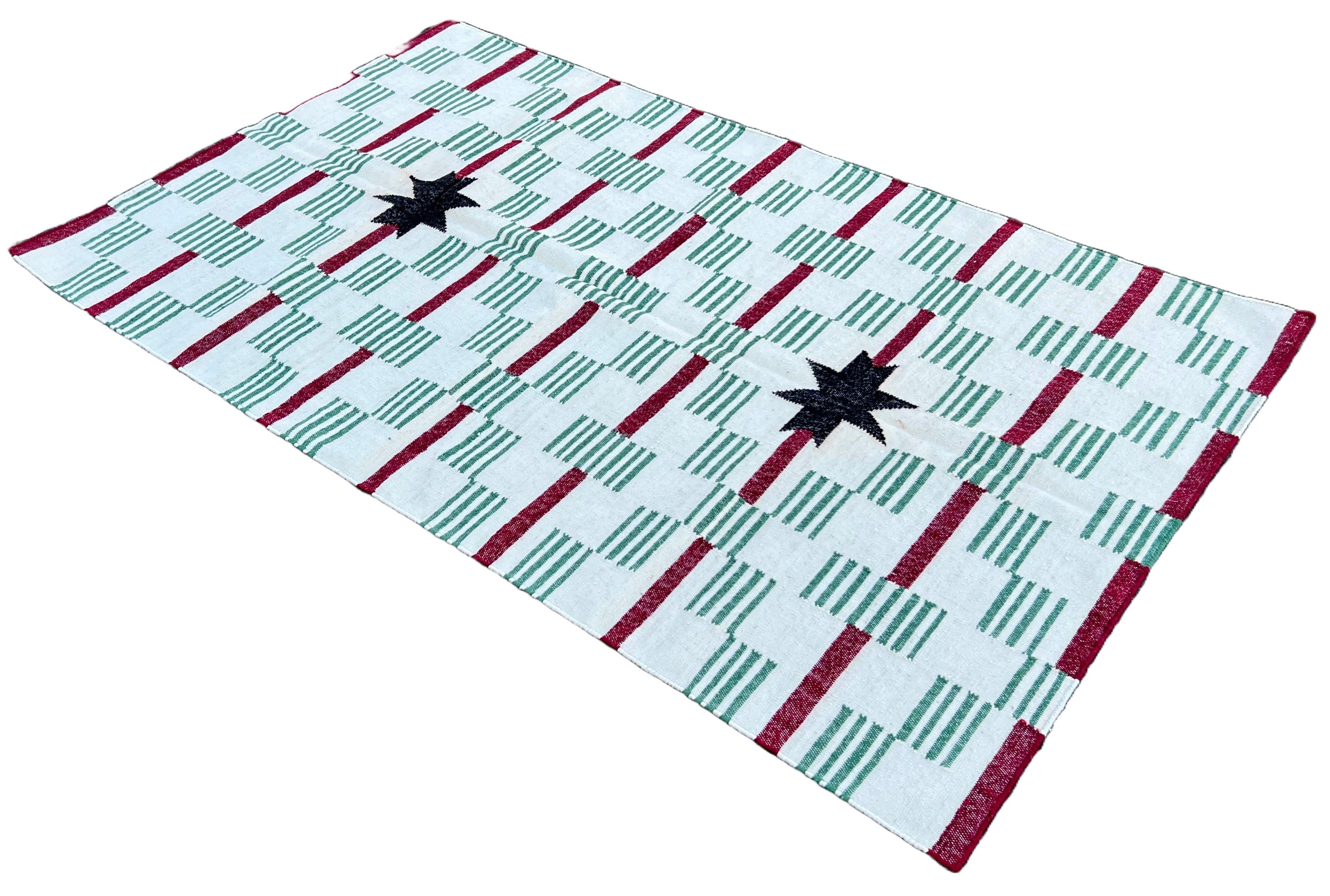 Modern Handmade Woolen Cream, Green, Black And Red Star And Dash Striped Rug-6748