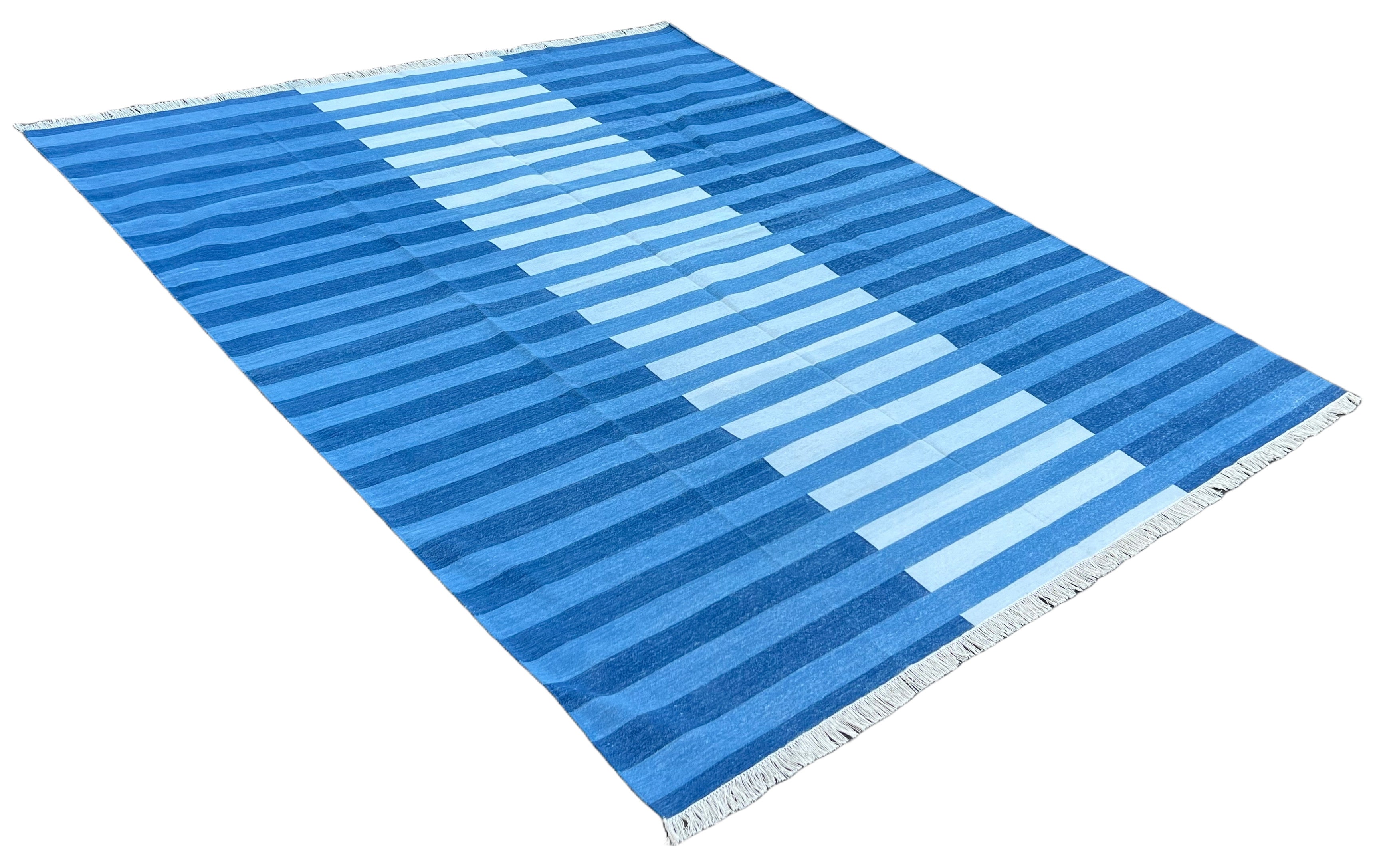 Modern Handmade Area Rug, Cotton Indigo And Sky Blue Striped Indian Dhurrie -6770