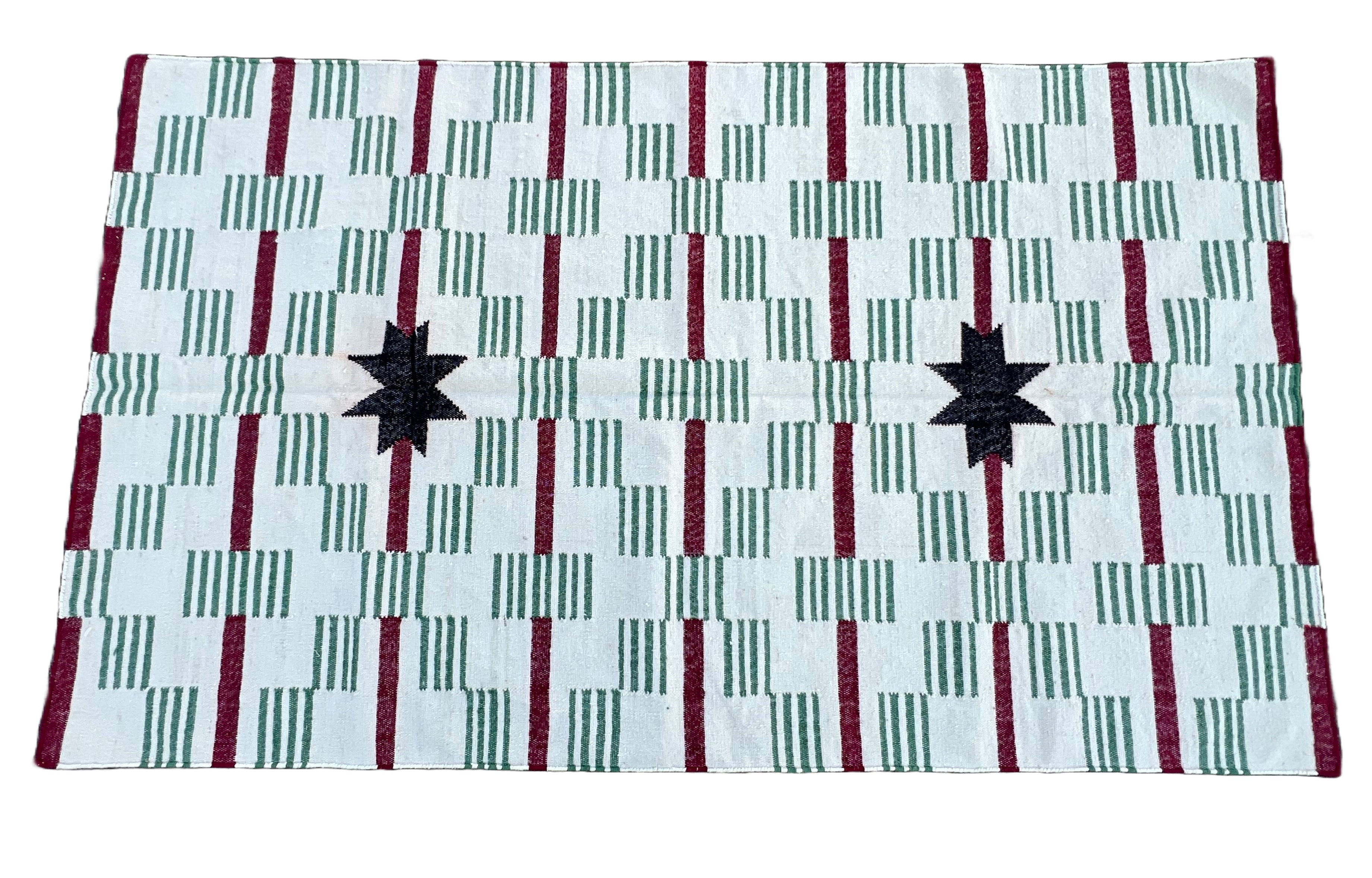 Modern Handmade Woolen Cream, Green, Black And Red Star And Dash Striped Rug-6748