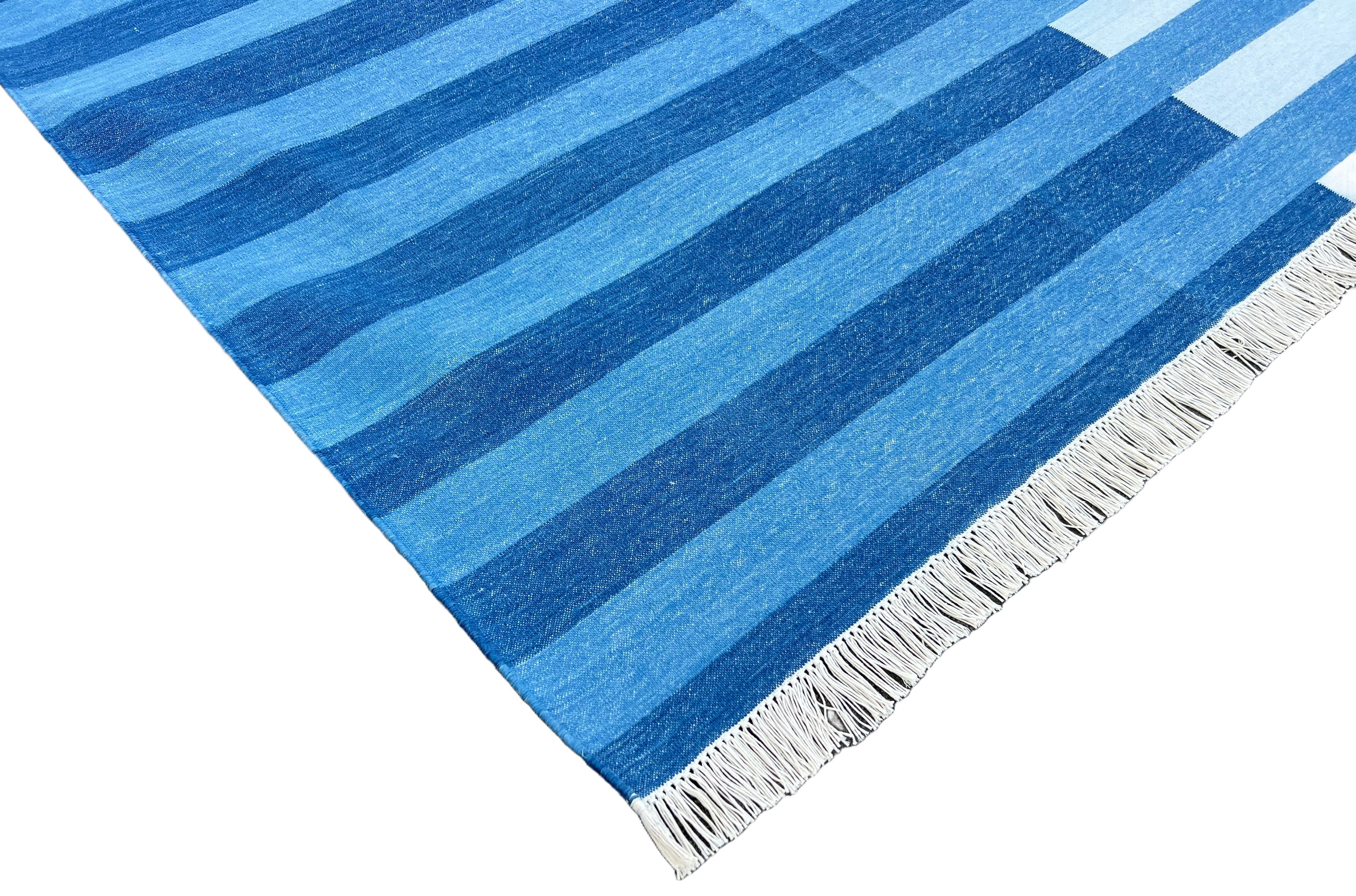 Modern Handmade Area Rug, Cotton Indigo And Sky Blue Striped Indian Dhurrie -6770