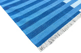 Modern Handmade Area Rug, Cotton Indigo And Sky Blue Striped Indian Dhurrie -6770