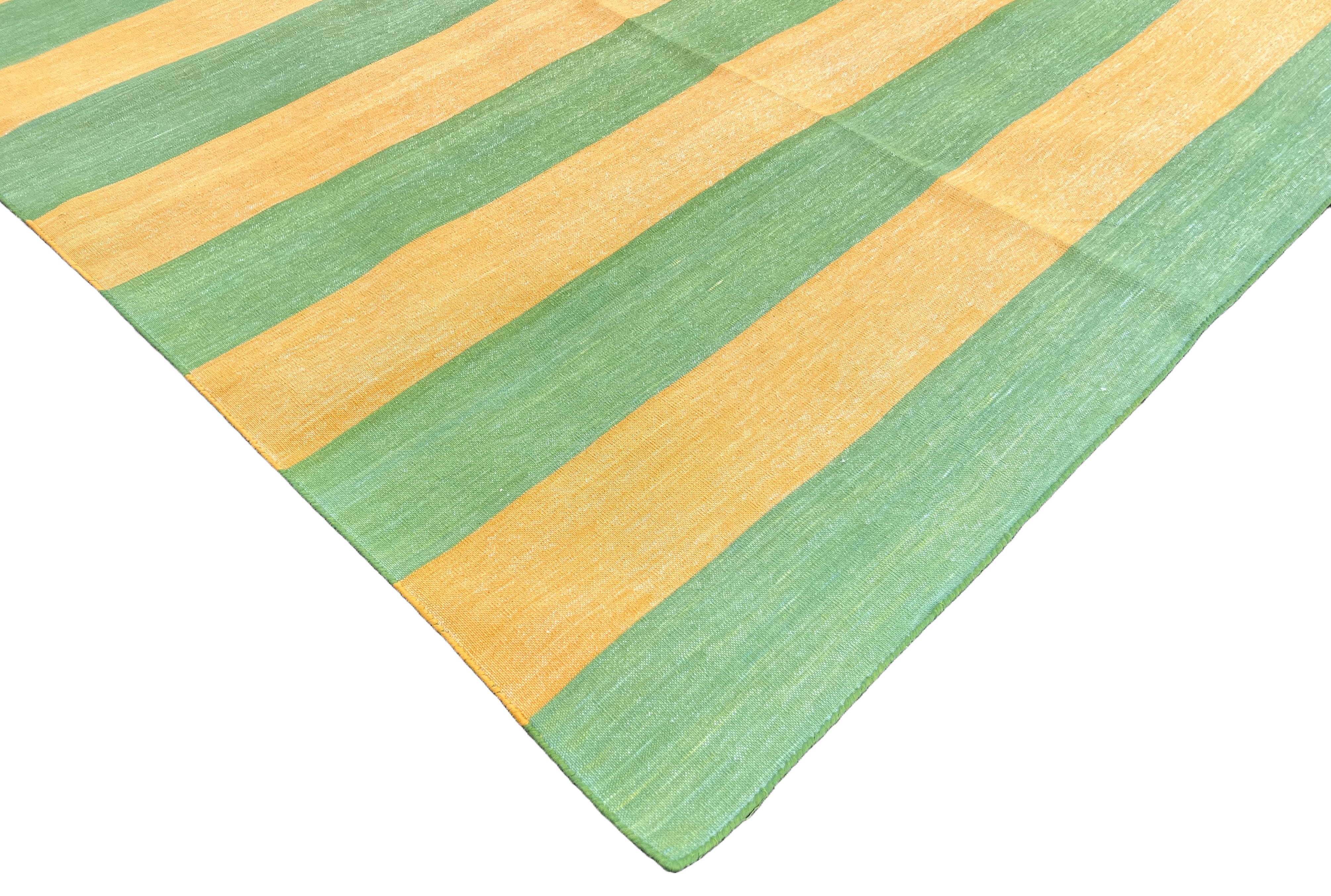 Modern Handmade Cotton Mustard And Moss Green Striped Area Rug-6750