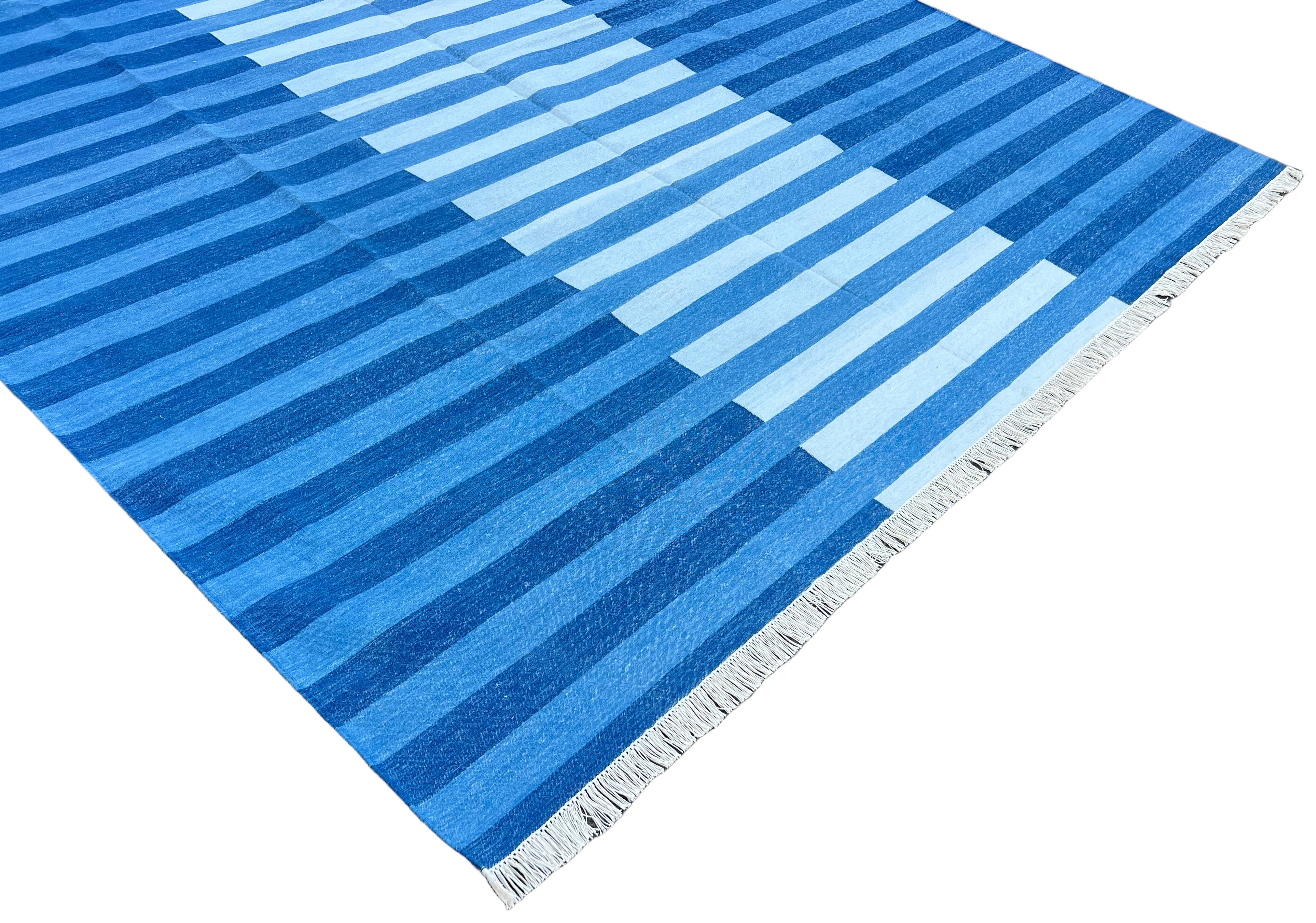 Modern Handmade Area Rug, Cotton Indigo And Sky Blue Striped Indian Dhurrie -6770