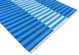 Modern Handmade Area Rug, Cotton Indigo And Sky Blue Striped Indian Dhurrie -6770