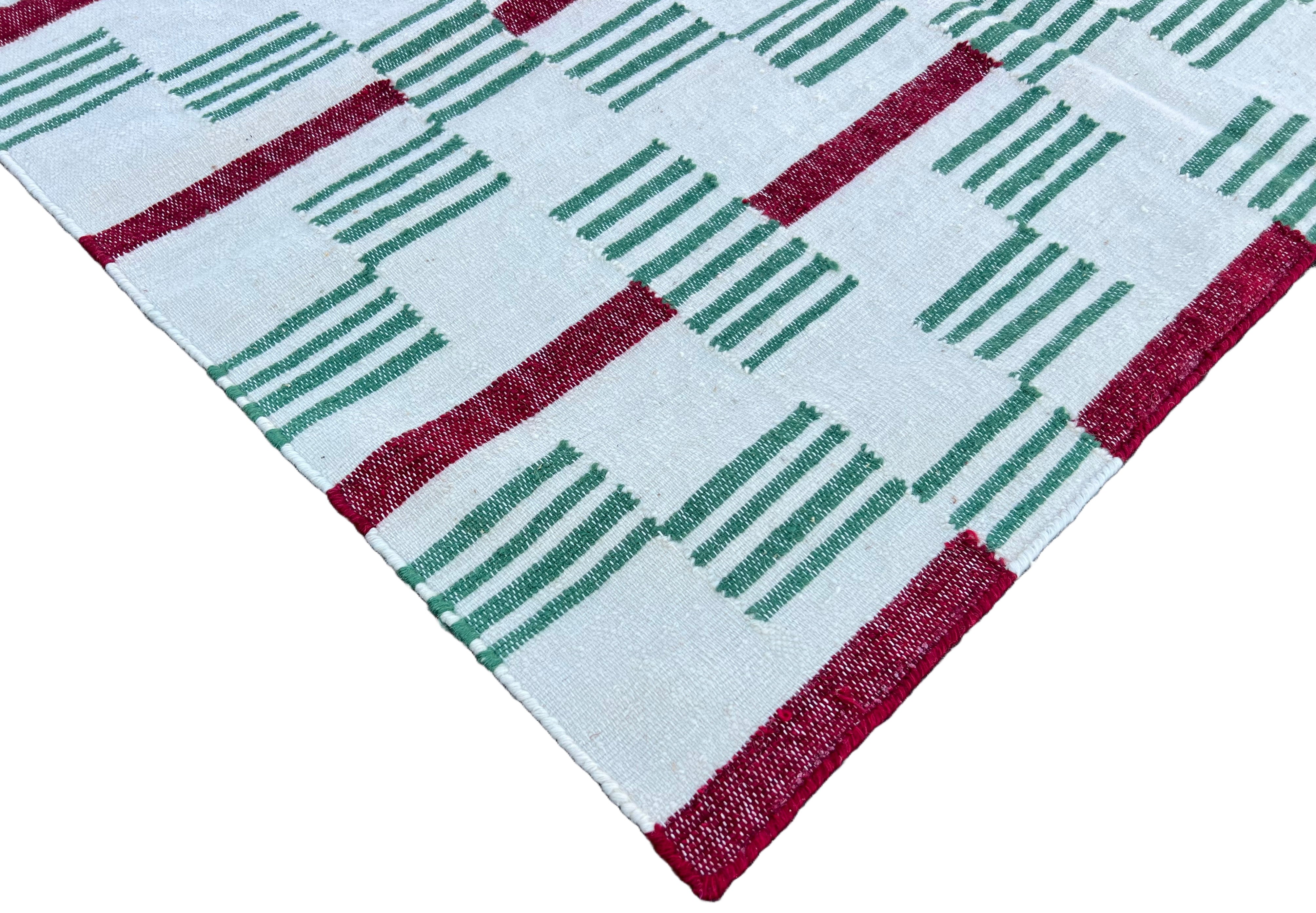 Modern Handmade Woolen Cream, Green, Black And Red Star And Dash Striped Rug-6748