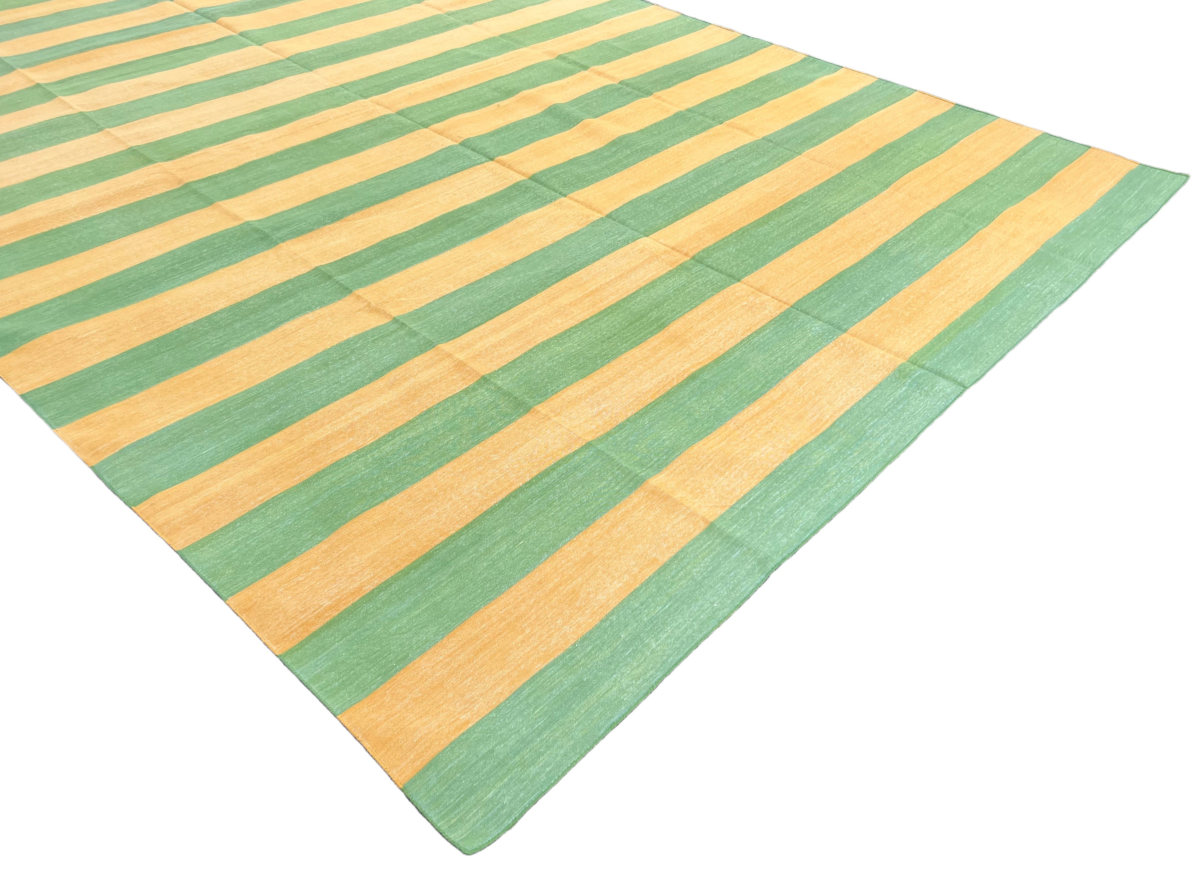 Modern Handmade Cotton Mustard And Moss Green Striped Area Rug-6750