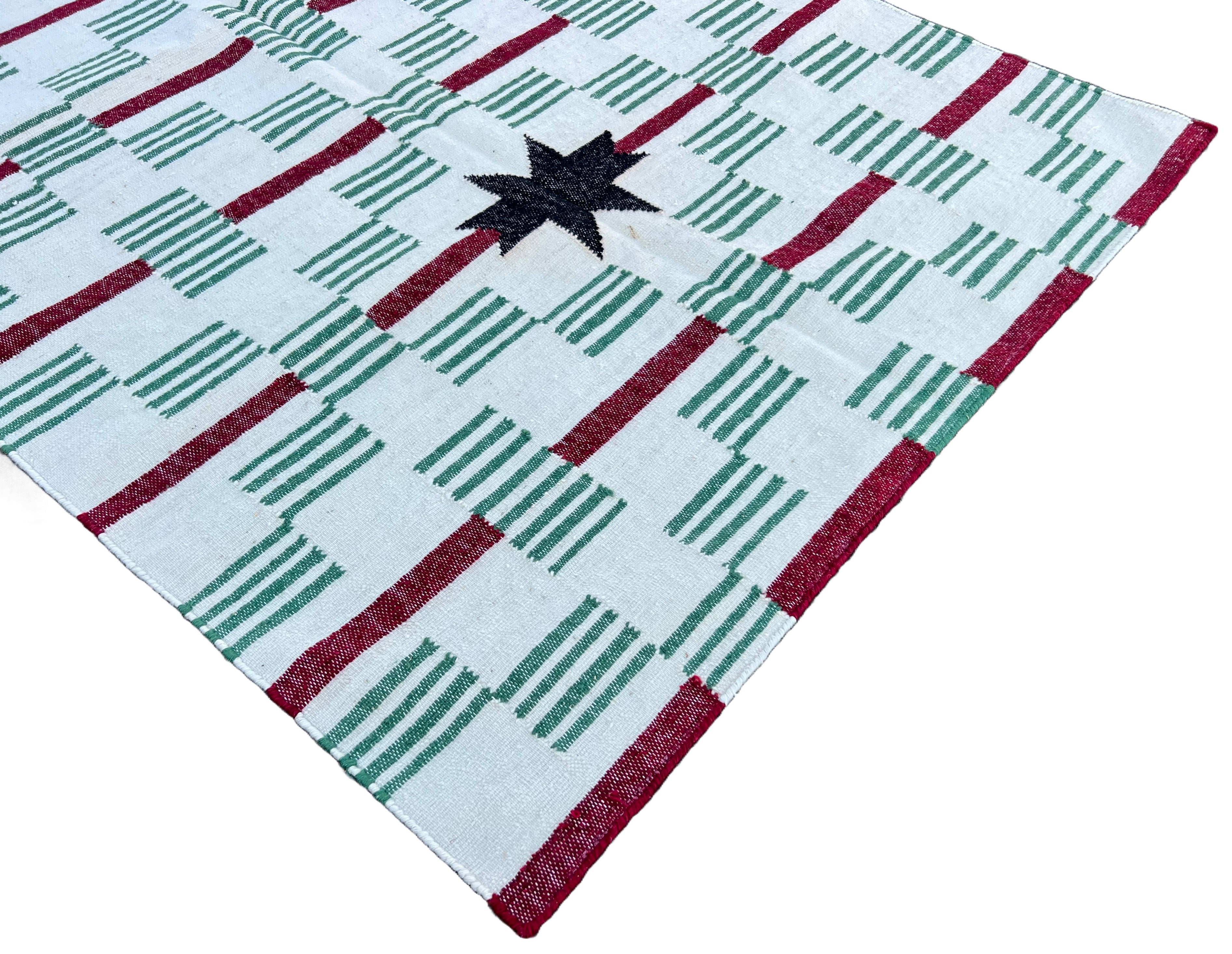 Modern Handmade Woolen Cream, Green, Black And Red Star And Dash Striped Rug-6748