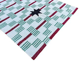 Modern Handmade Woolen Cream, Green, Black And Red Star And Dash Striped Rug-6748