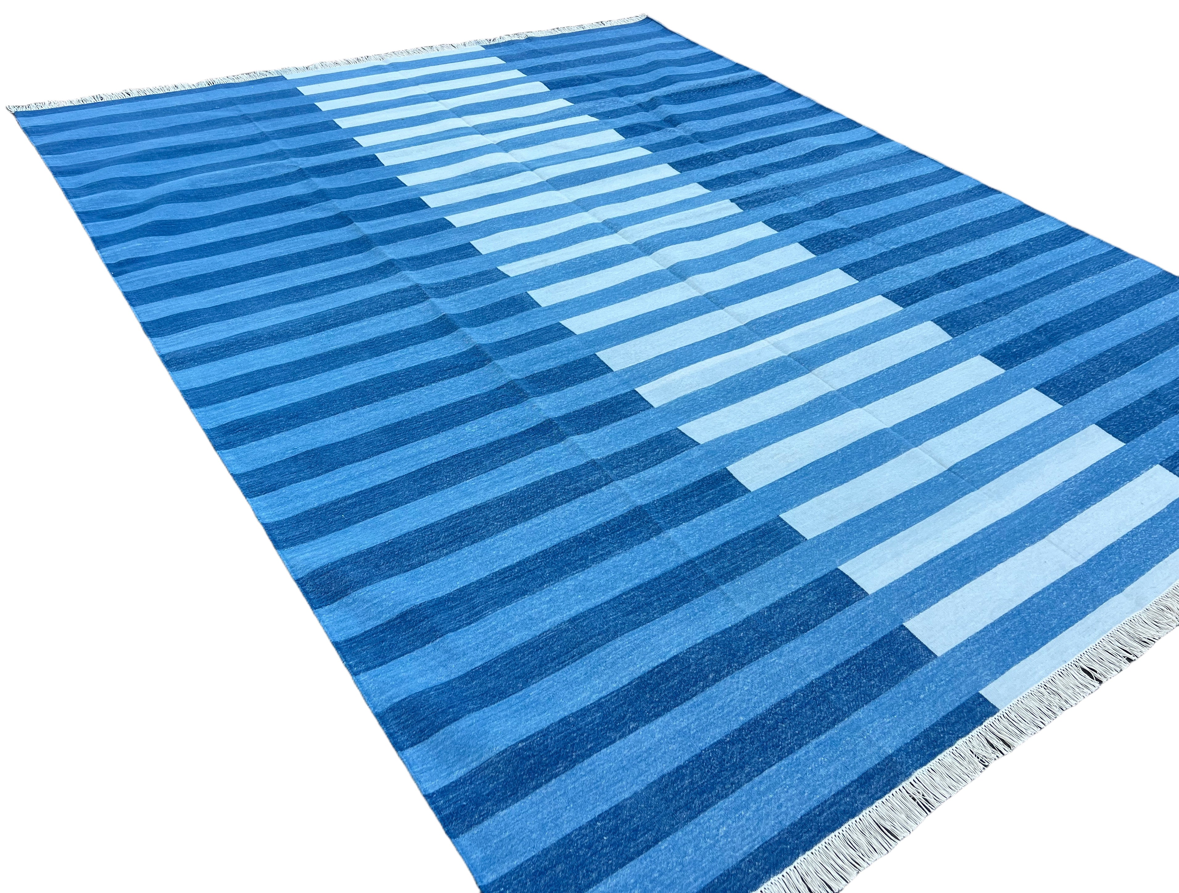 Modern Handmade Area Rug, Cotton Indigo And Sky Blue Striped Indian Dhurrie -6770