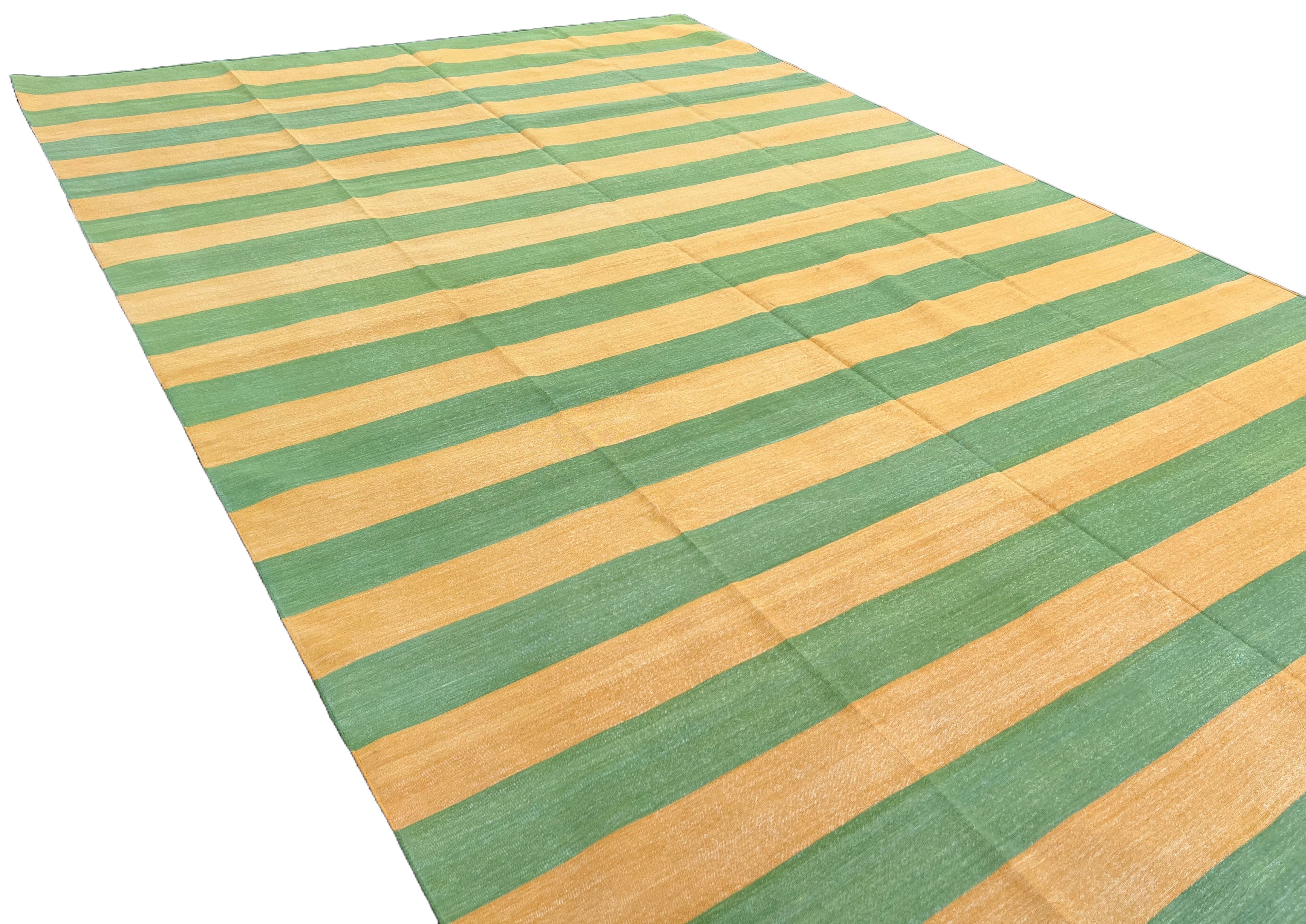 Modern Handmade Cotton Mustard And Moss Green Striped Area Rug-6750