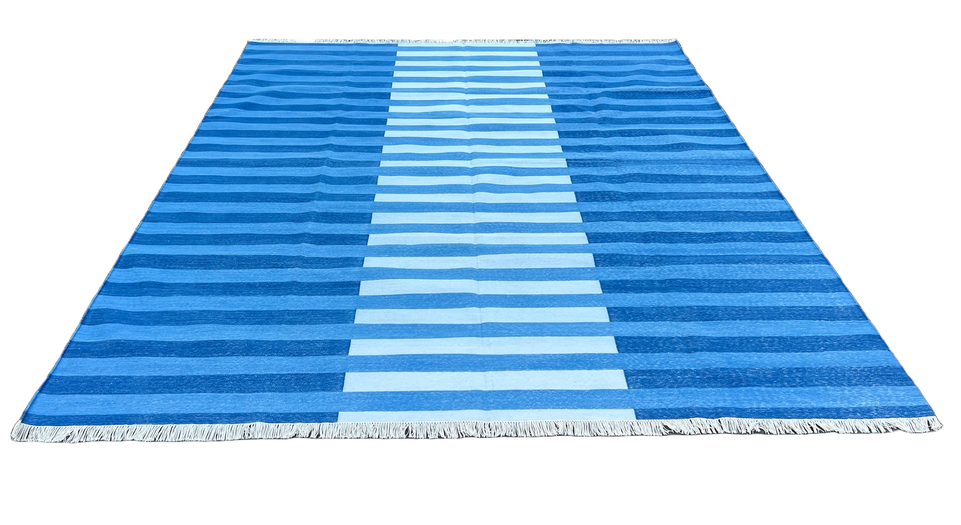Modern Handmade Area Rug, Cotton Indigo And Sky Blue Striped Indian Dhurrie -6770