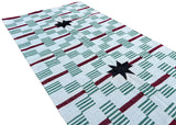 Modern Handmade Woolen Cream, Green, Black And Red Star And Dash Striped Rug-6748