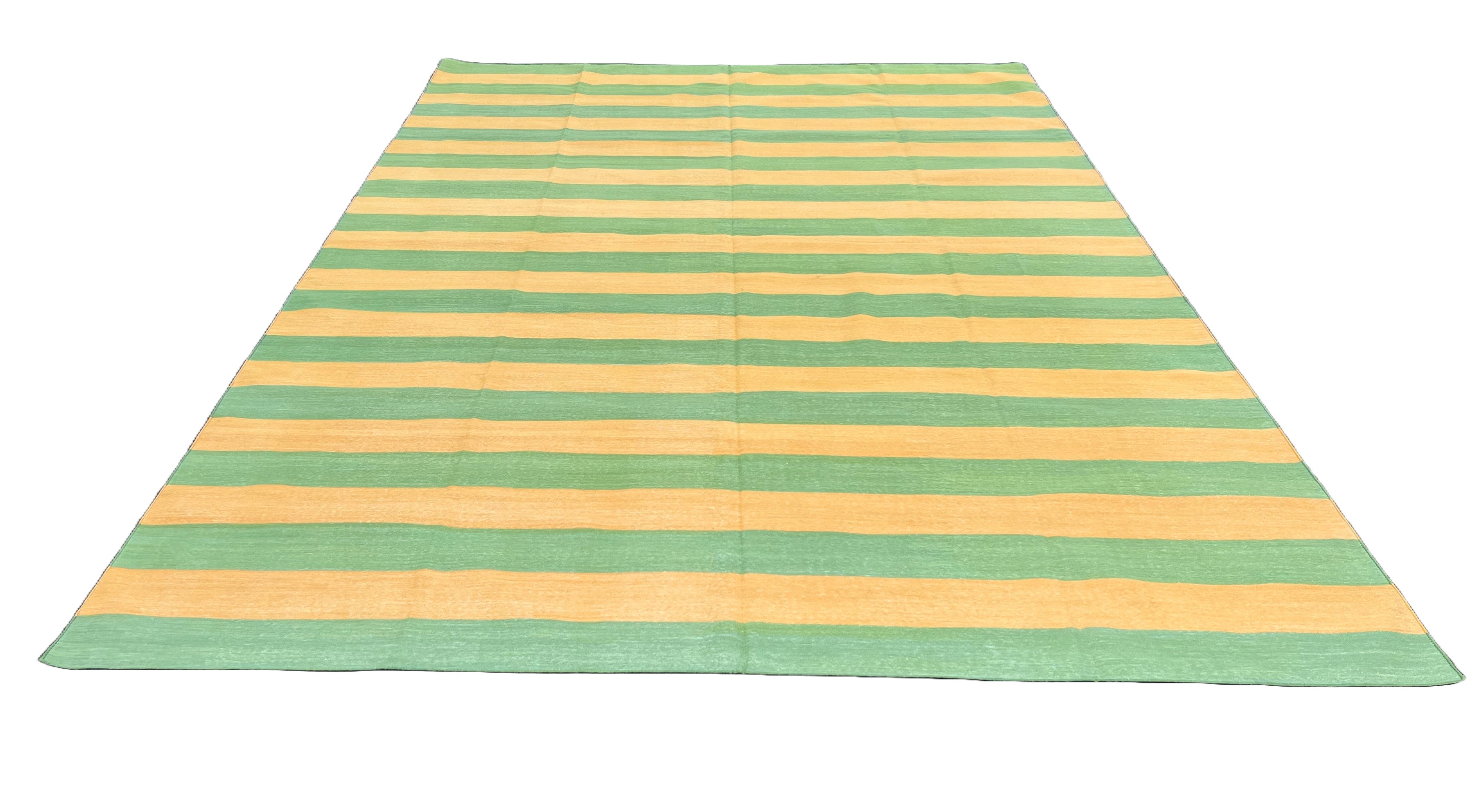 Modern Handmade Cotton Mustard And Moss Green Striped Area Rug-6750