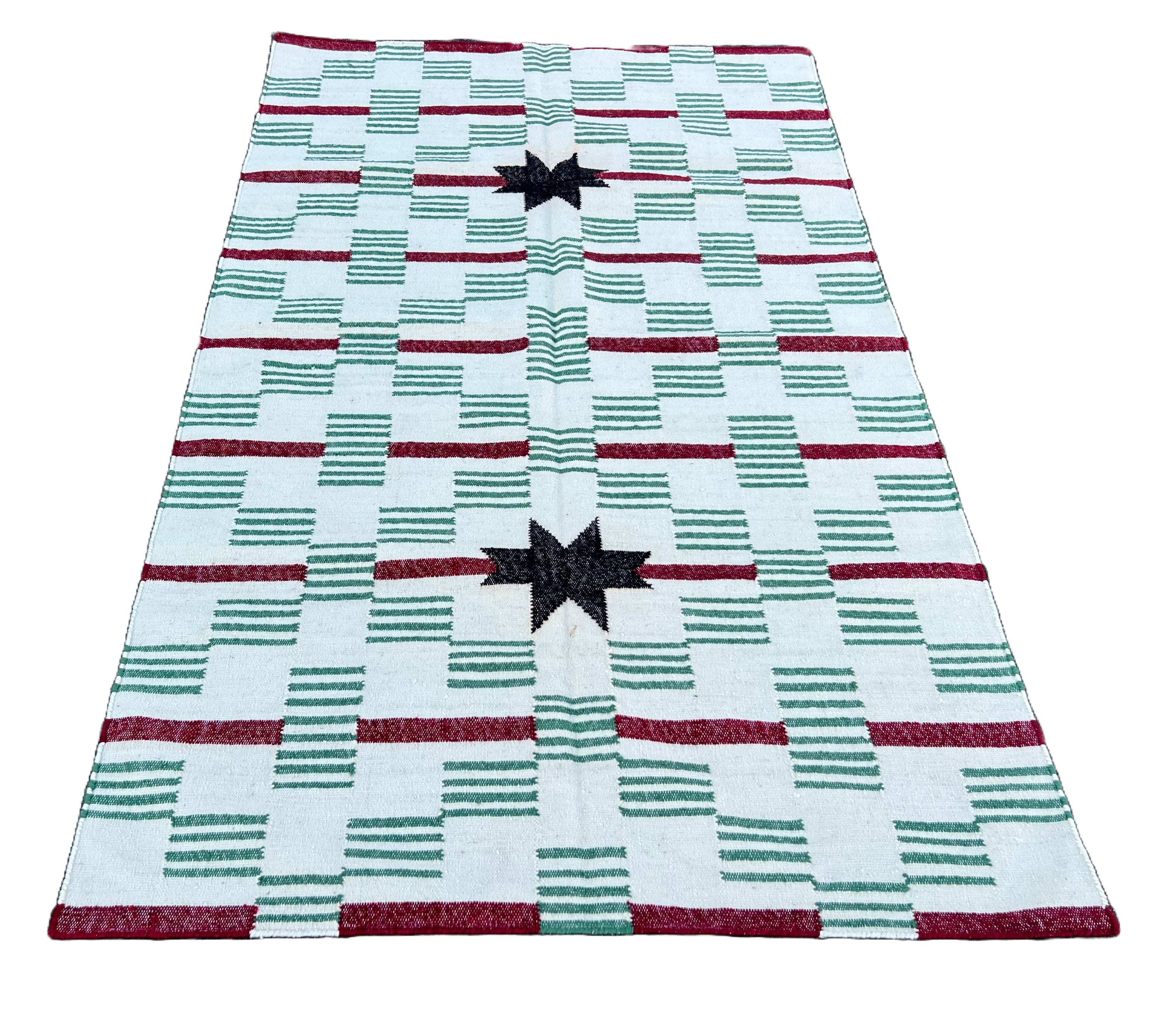 Modern Handmade Woolen Cream, Green, Black And Red Star And Dash Striped Rug-6748