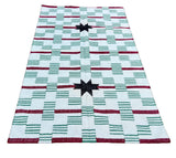Modern Handmade Woolen Cream, Green, Black And Red Star And Dash Striped Rug-6748