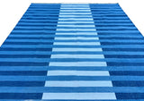 Modern Handmade Area Rug, Cotton Indigo And Sky Blue Striped Indian Dhurrie -6770
