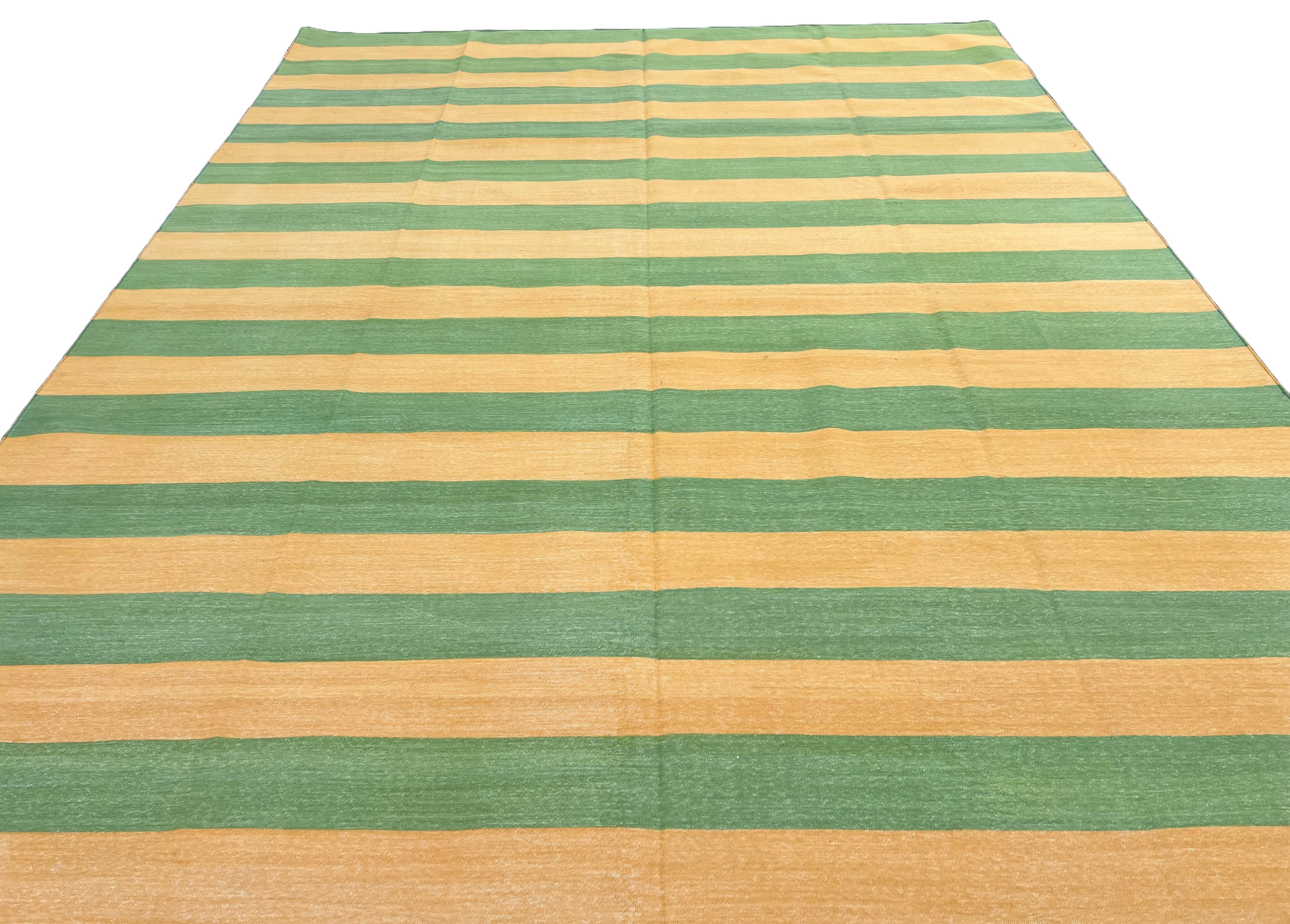 Modern Handmade Cotton Mustard And Moss Green Striped Area Rug-6750