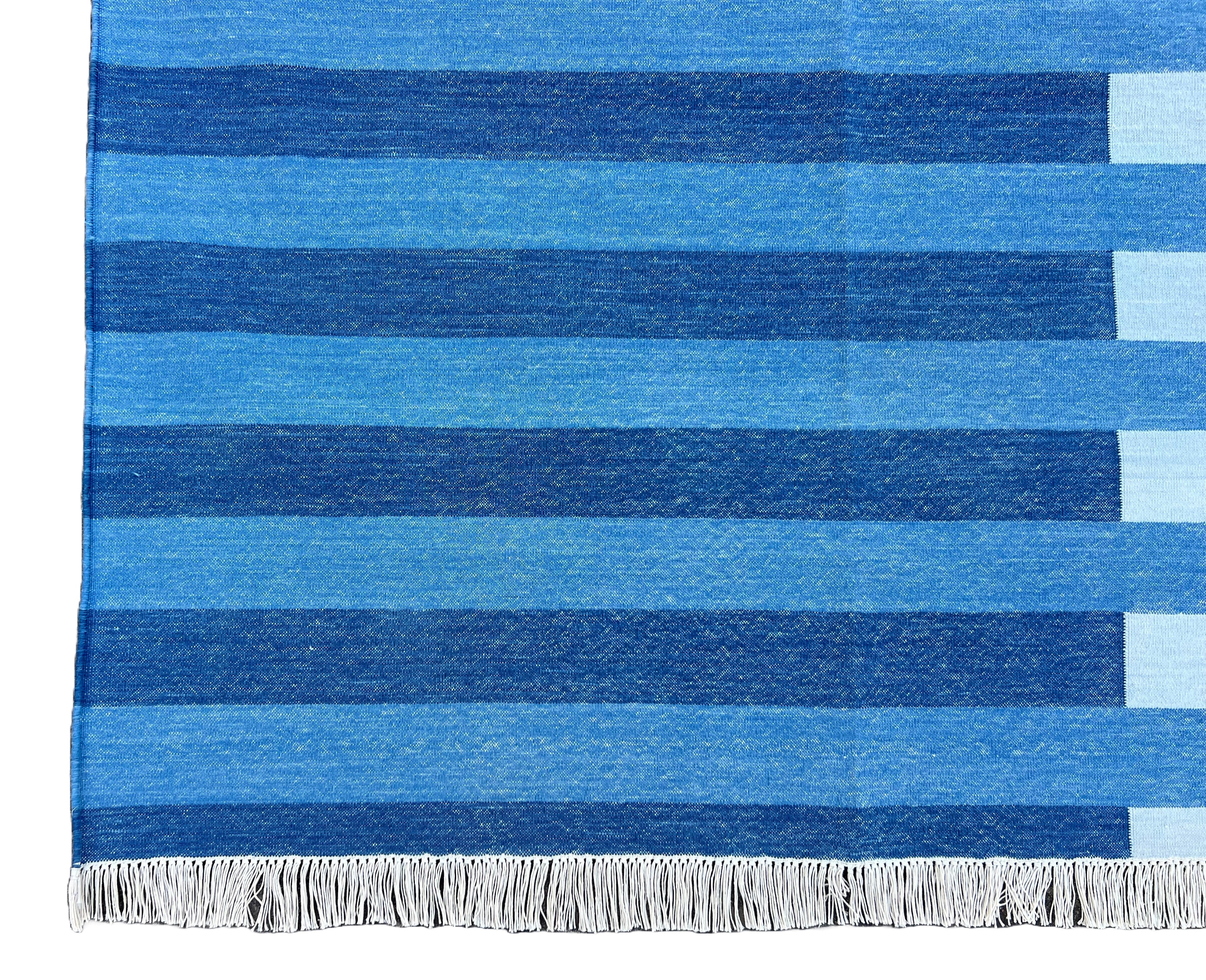 Modern Handmade Area Rug, Cotton Indigo And Sky Blue Striped Indian Dhurrie -6770
