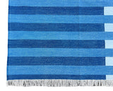 Modern Handmade Area Rug, Cotton Indigo And Sky Blue Striped Indian Dhurrie -6770