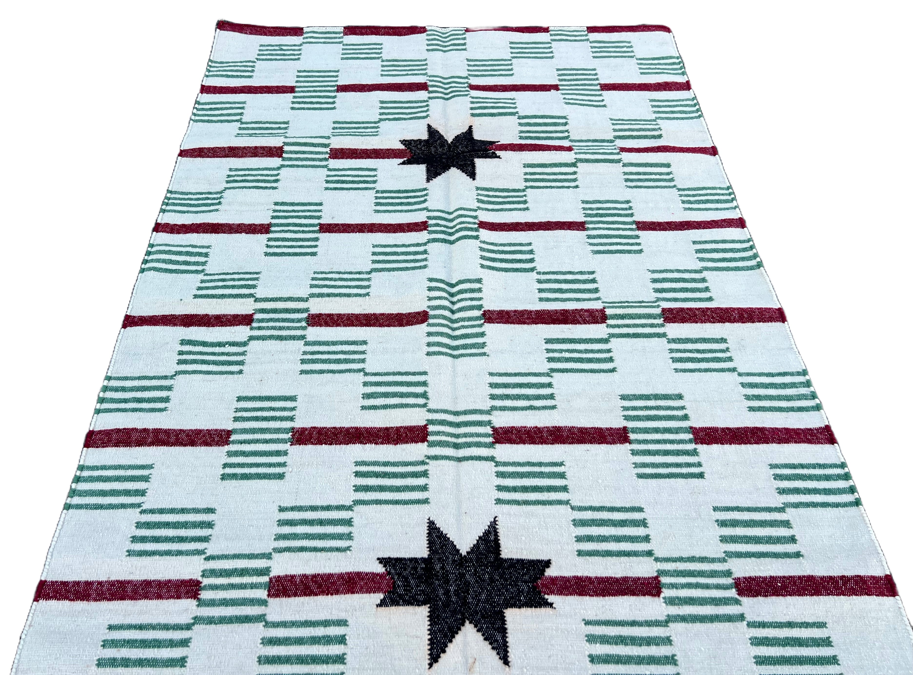 Modern Handmade Woolen Cream, Green, Black And Red Star And Dash Striped Rug-6748