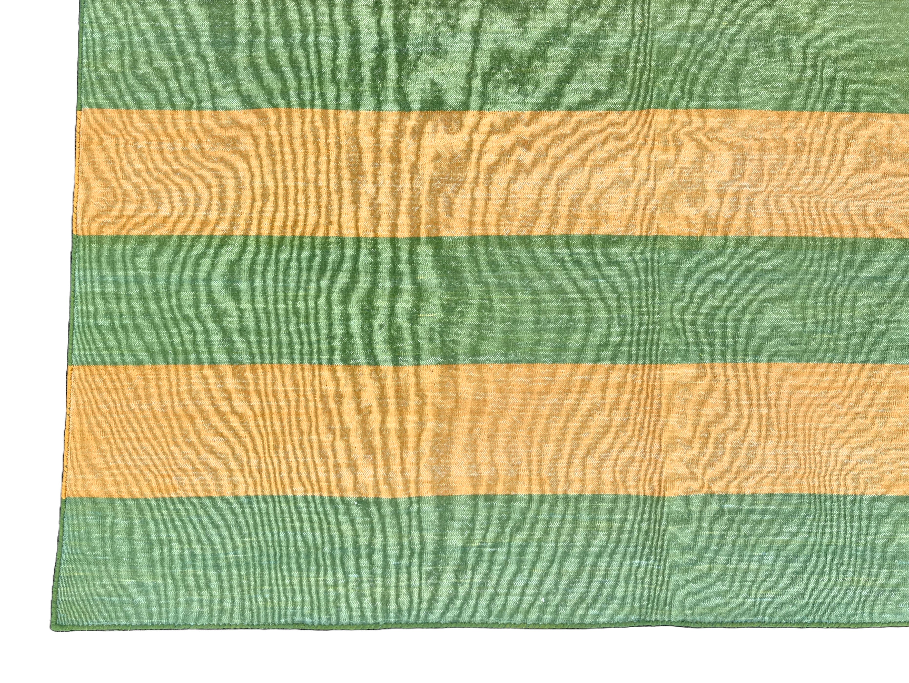 Modern Handmade Cotton Mustard And Moss Green Striped Area Rug-6750