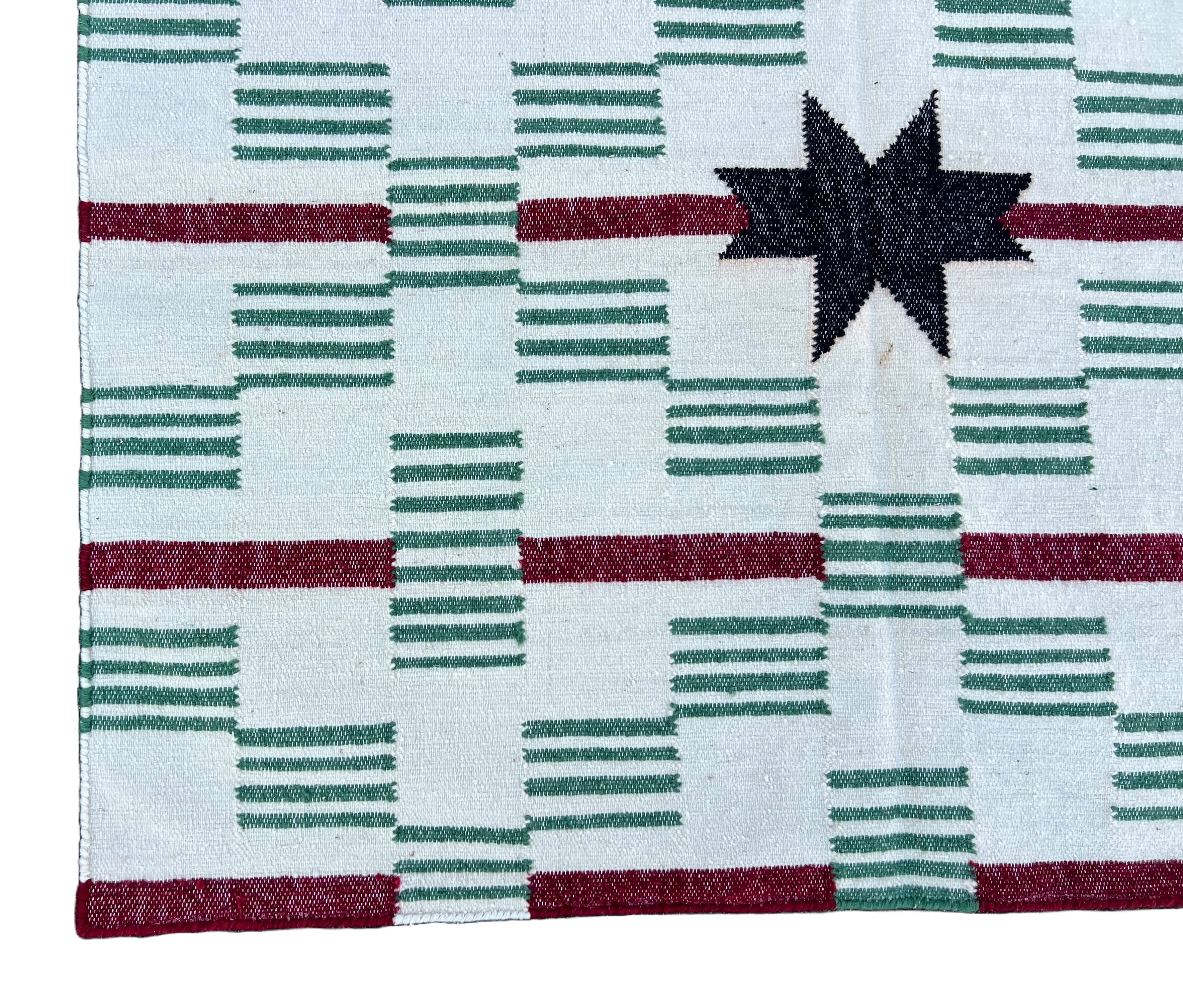 Modern Handmade Woolen Cream, Green, Black And Red Star And Dash Striped Rug-6748