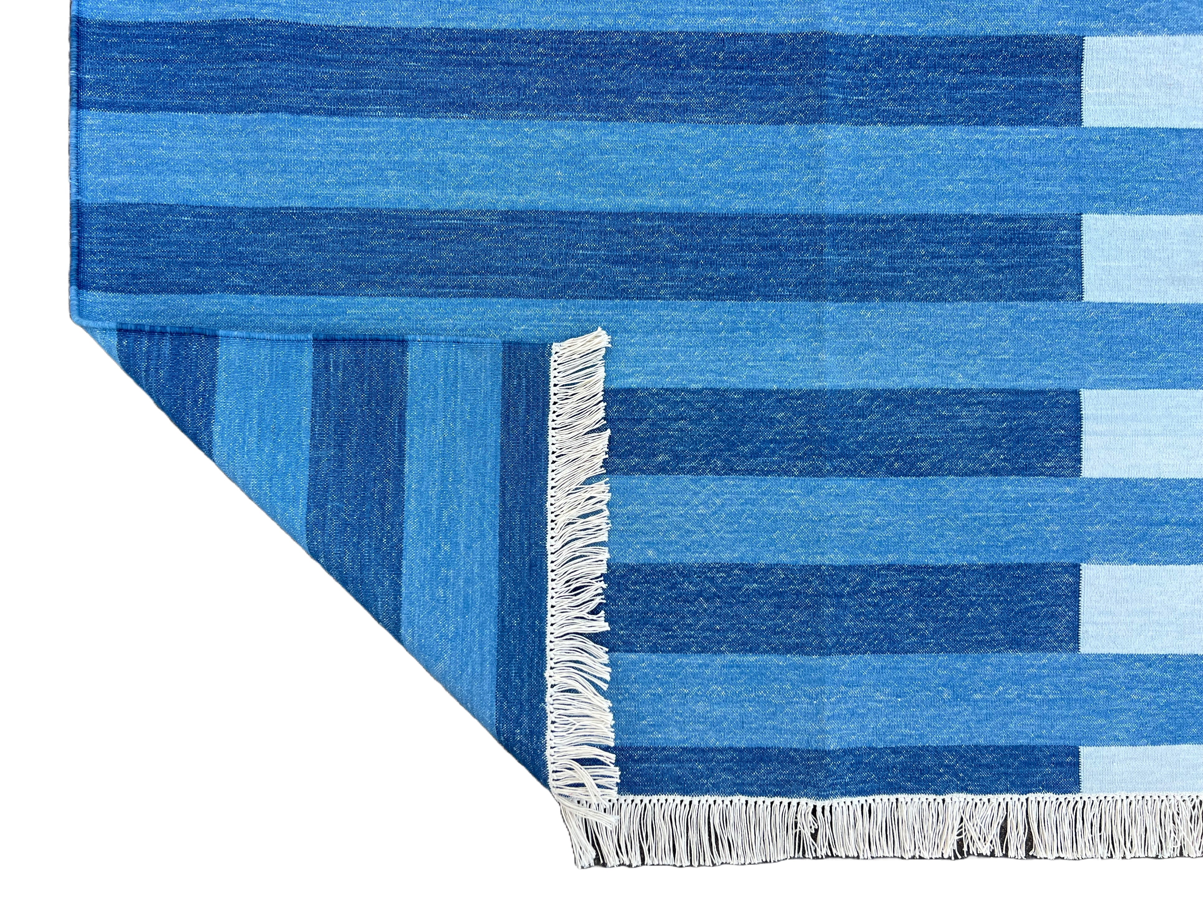 Modern Handmade Area Rug, Cotton Indigo And Sky Blue Striped Indian Dhurrie -6770