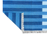 Modern Handmade Area Rug, Cotton Indigo And Sky Blue Striped Indian Dhurrie -6770