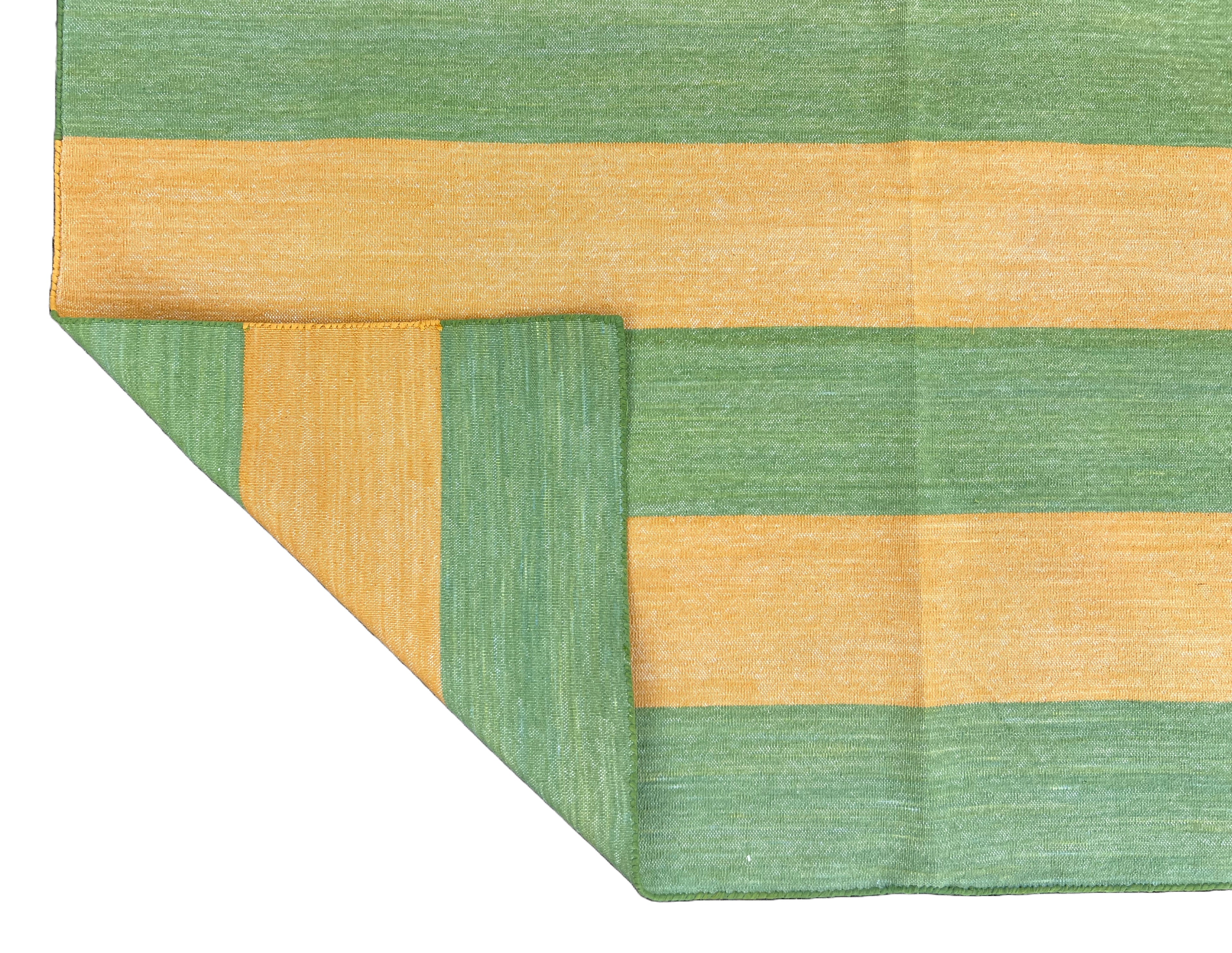 Modern Handmade Cotton Mustard And Moss Green Striped Area Rug-6750