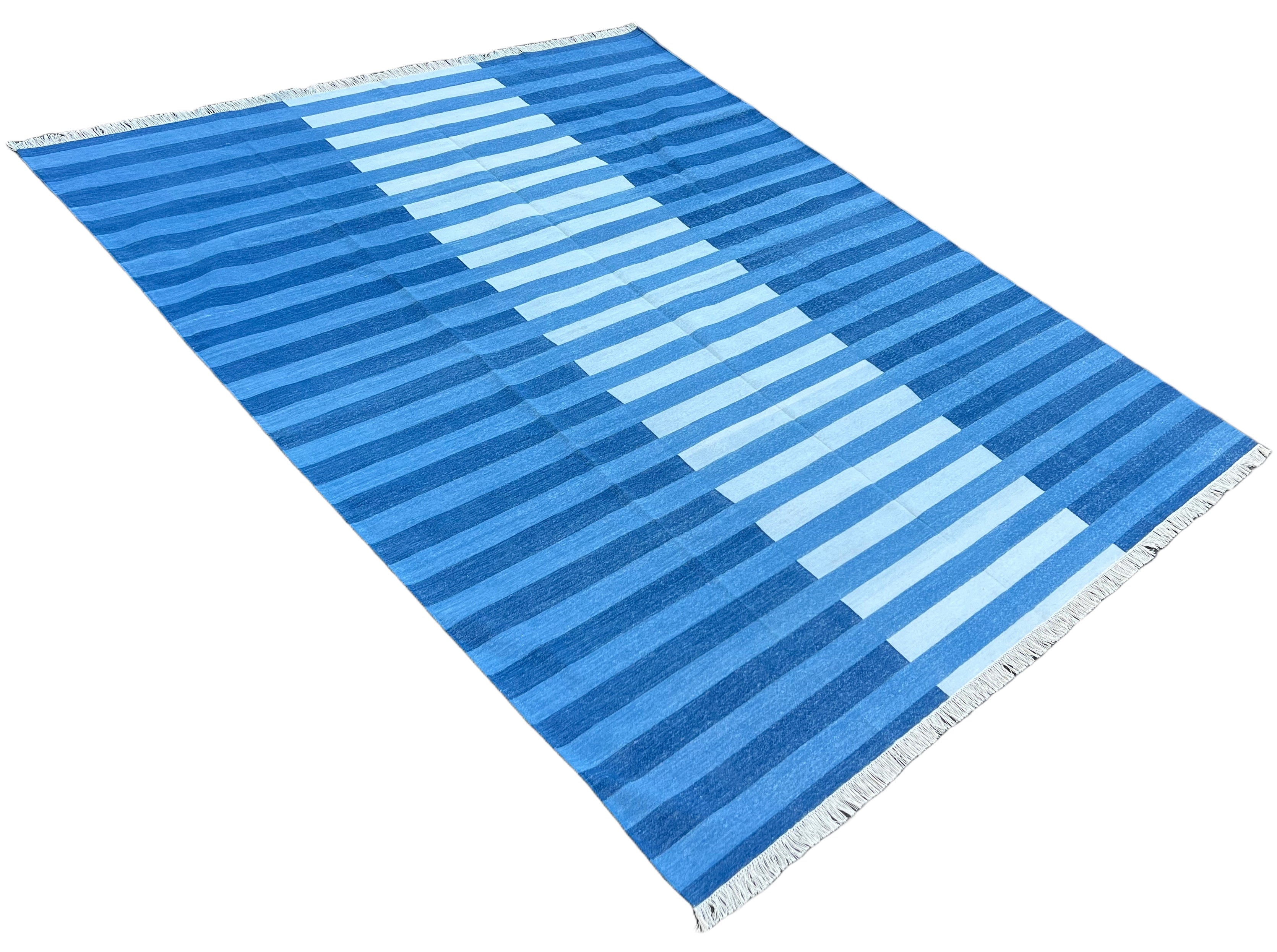 Modern Handmade Area Rug, Cotton Indigo And Sky Blue Striped Indian Dhurrie -6770