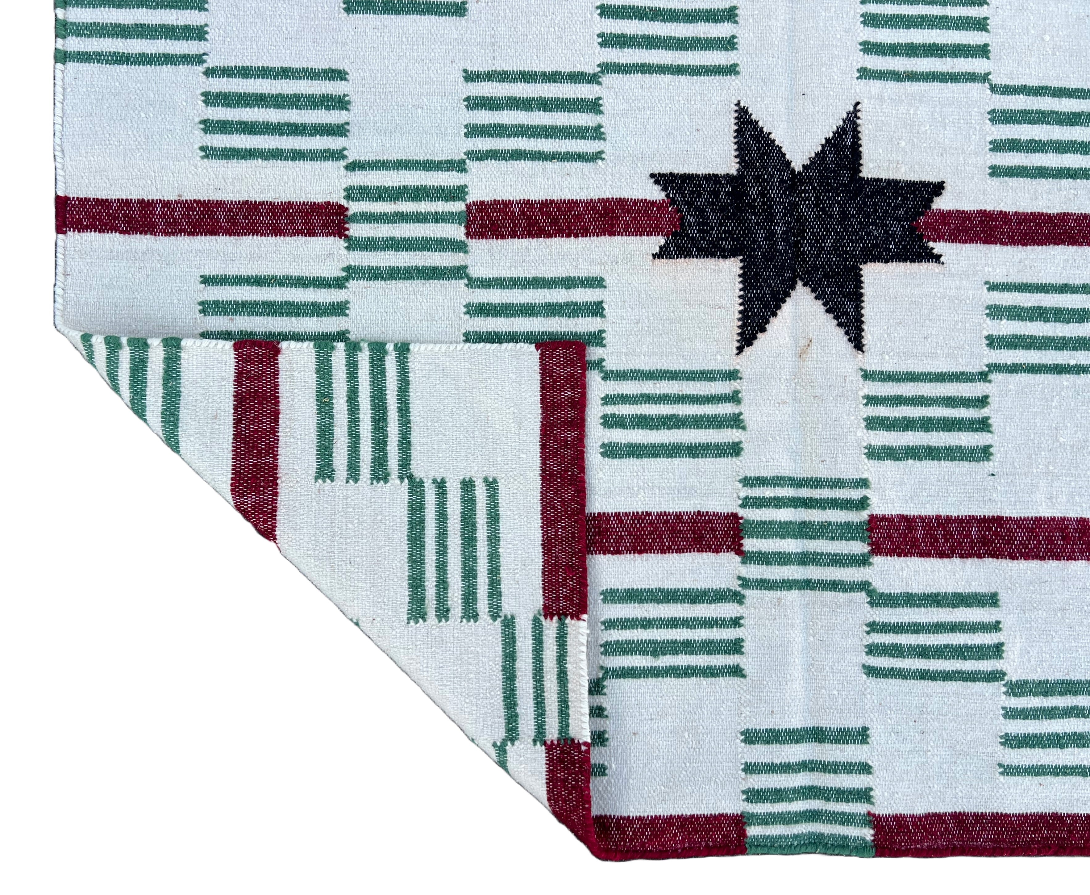 Modern Handmade Woolen Cream, Green, Black And Red Star And Dash Striped Rug-6748