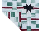 Modern Handmade Woolen Cream, Green, Black And Red Star And Dash Striped Rug-6748