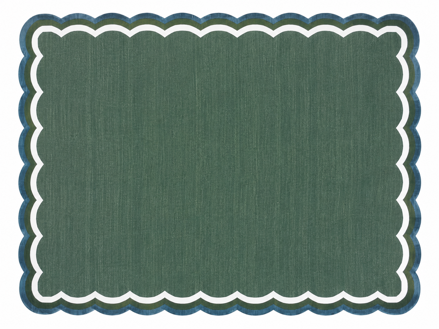 Modern Handmade Cotton Forest Green, Cream And Teal Blue 4 Sided Scalloped Rug-9670