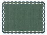 Modern Handmade Cotton Forest Green, Cream And Teal Blue 4 Sided Scalloped Rug-9670