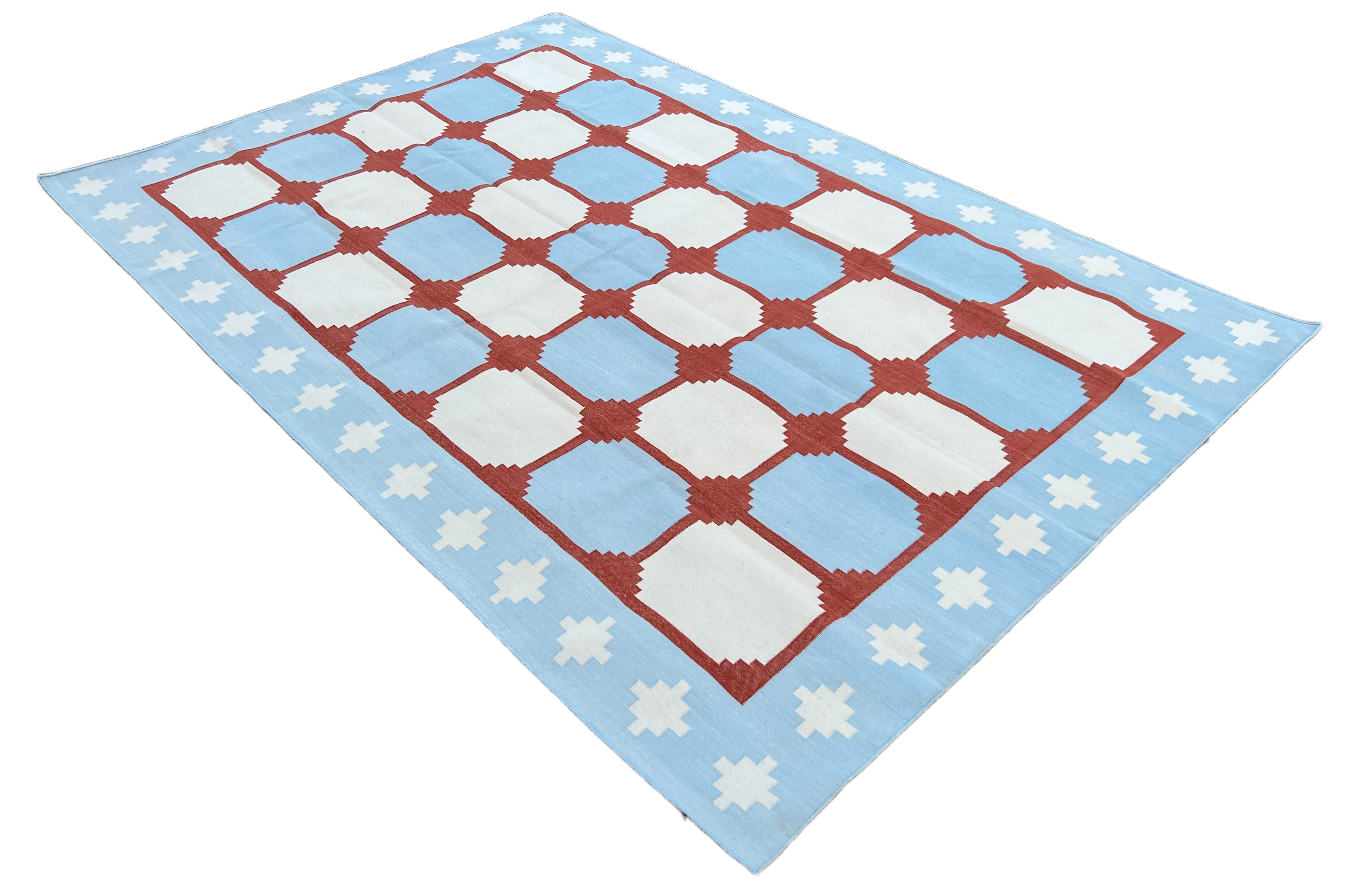 Modern Handmade Cotton Sky Blue, Cream And Terracotta Area Rug-6457