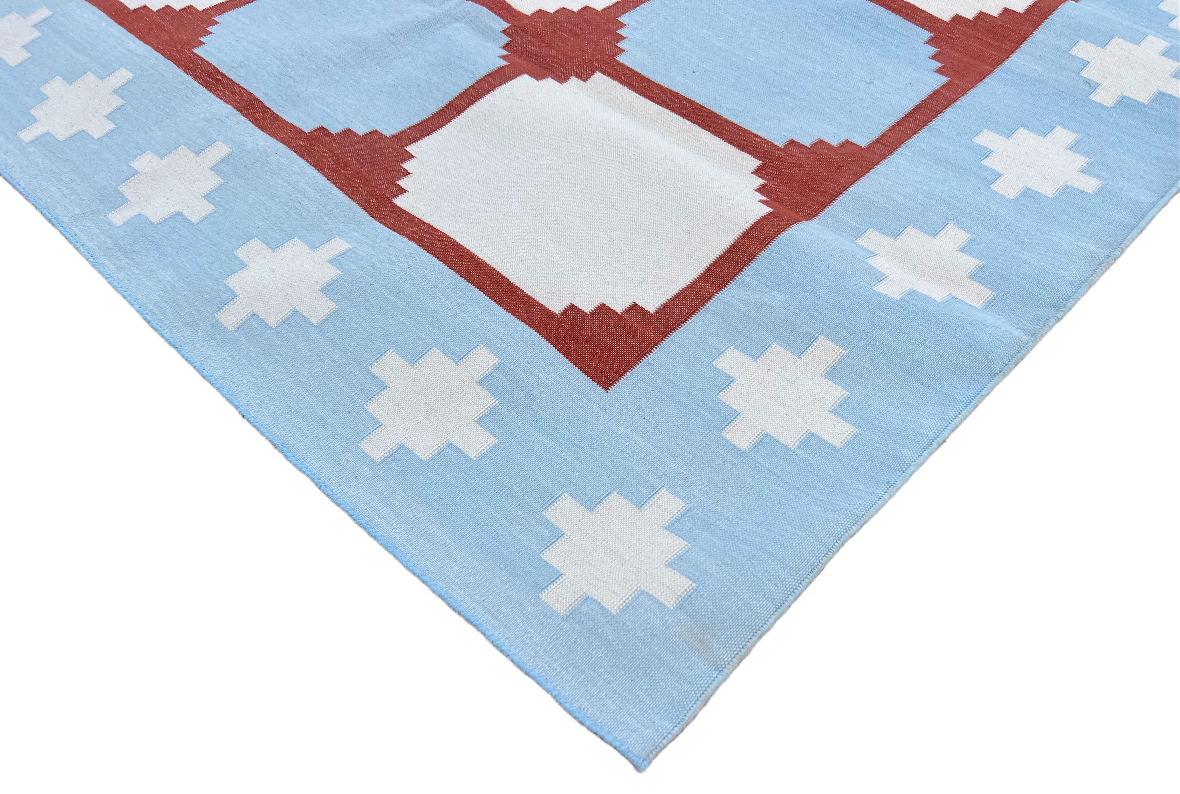 Modern Handmade Cotton Sky Blue, Cream And Terracotta Area Rug-6457