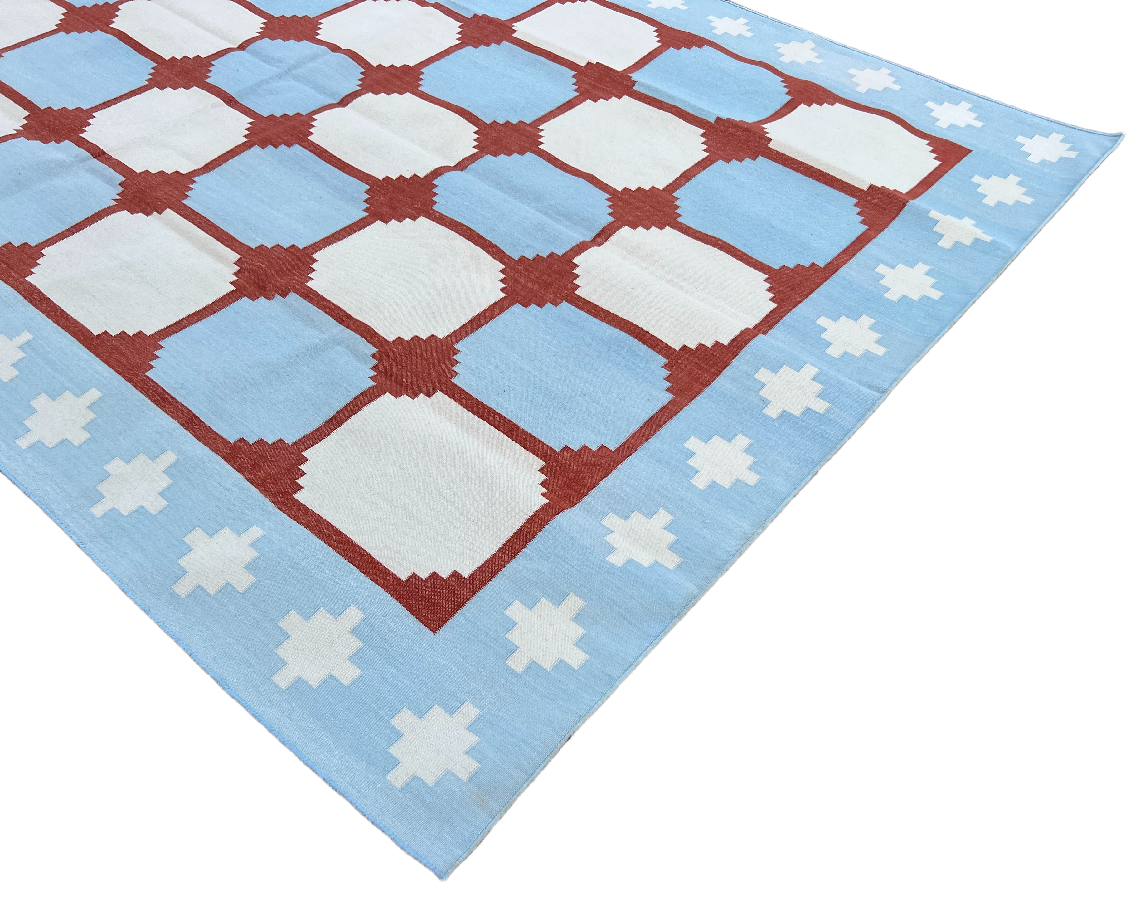 Modern Handmade Cotton Sky Blue, Cream And Terracotta Area Rug-6457