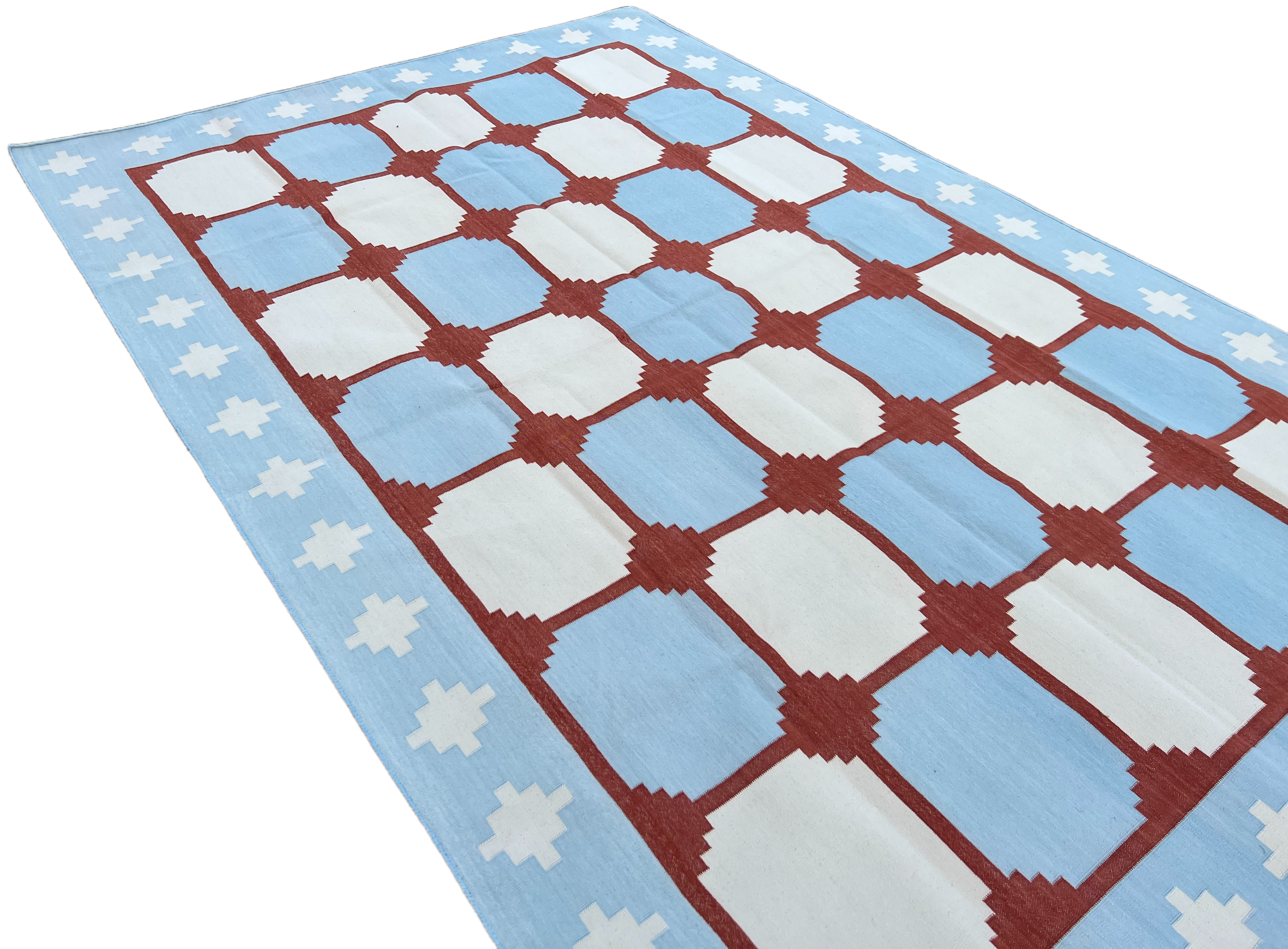 Modern Handmade Cotton Sky Blue, Cream And Terracotta Area Rug-6457