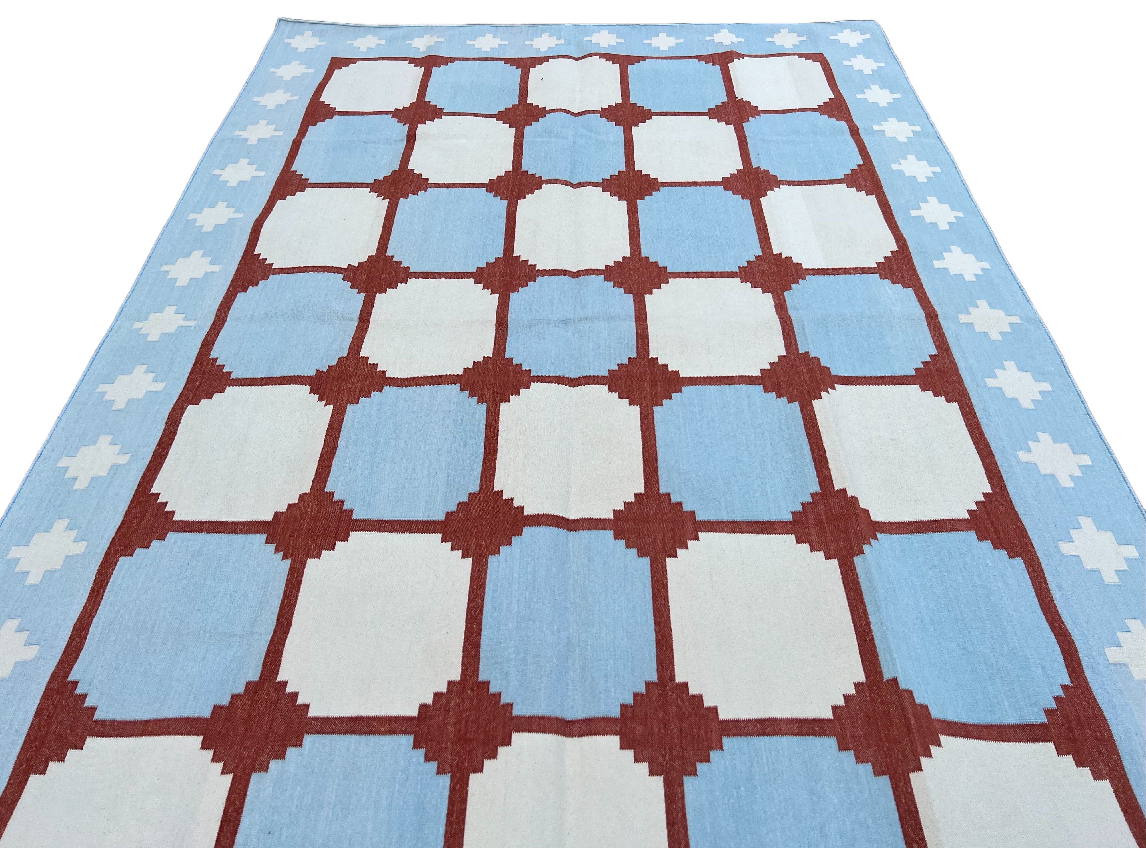 Modern Handmade Cotton Sky Blue, Cream And Terracotta Area Rug-6457