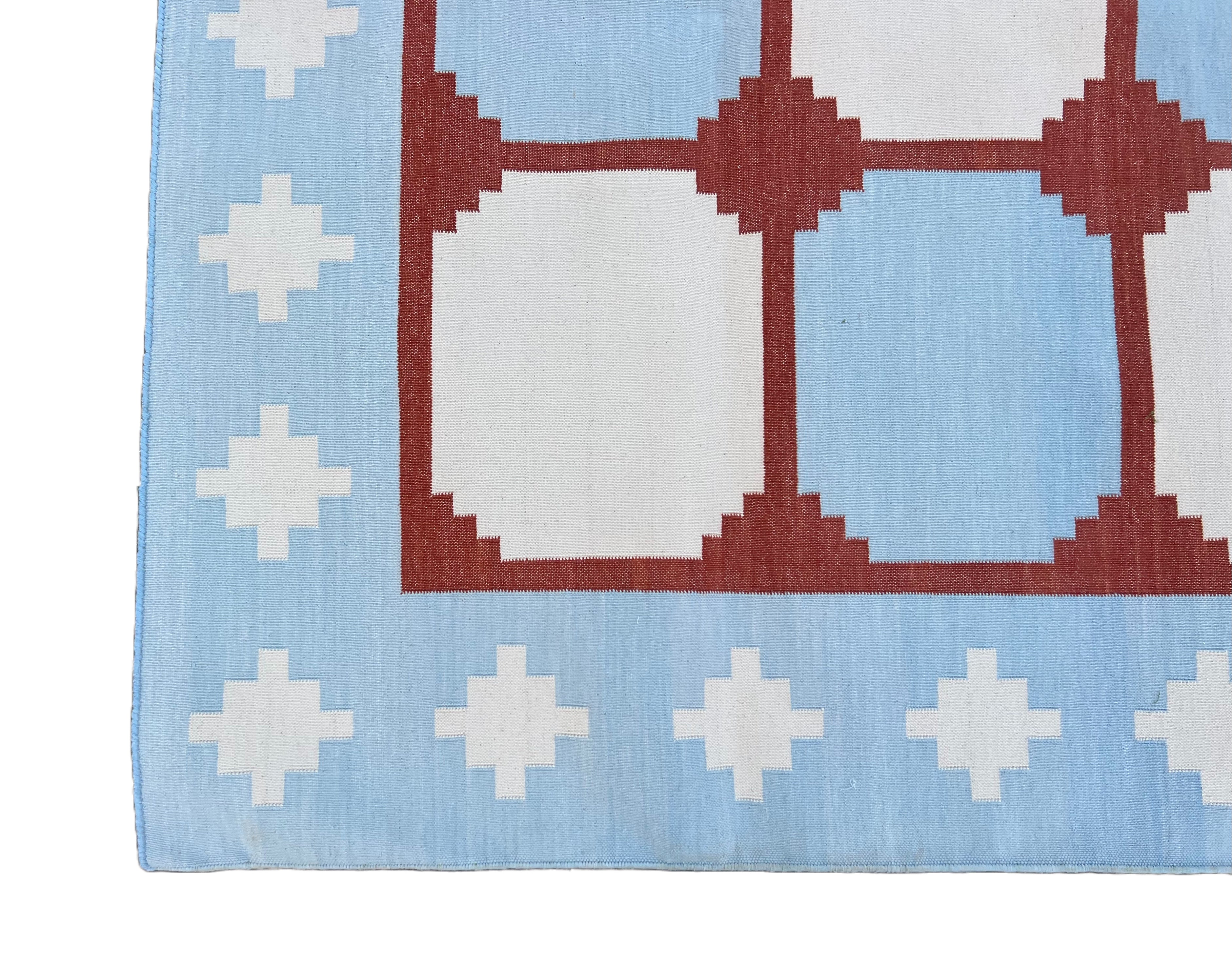 Modern Handmade Cotton Sky Blue, Cream And Terracotta Area Rug-6457
