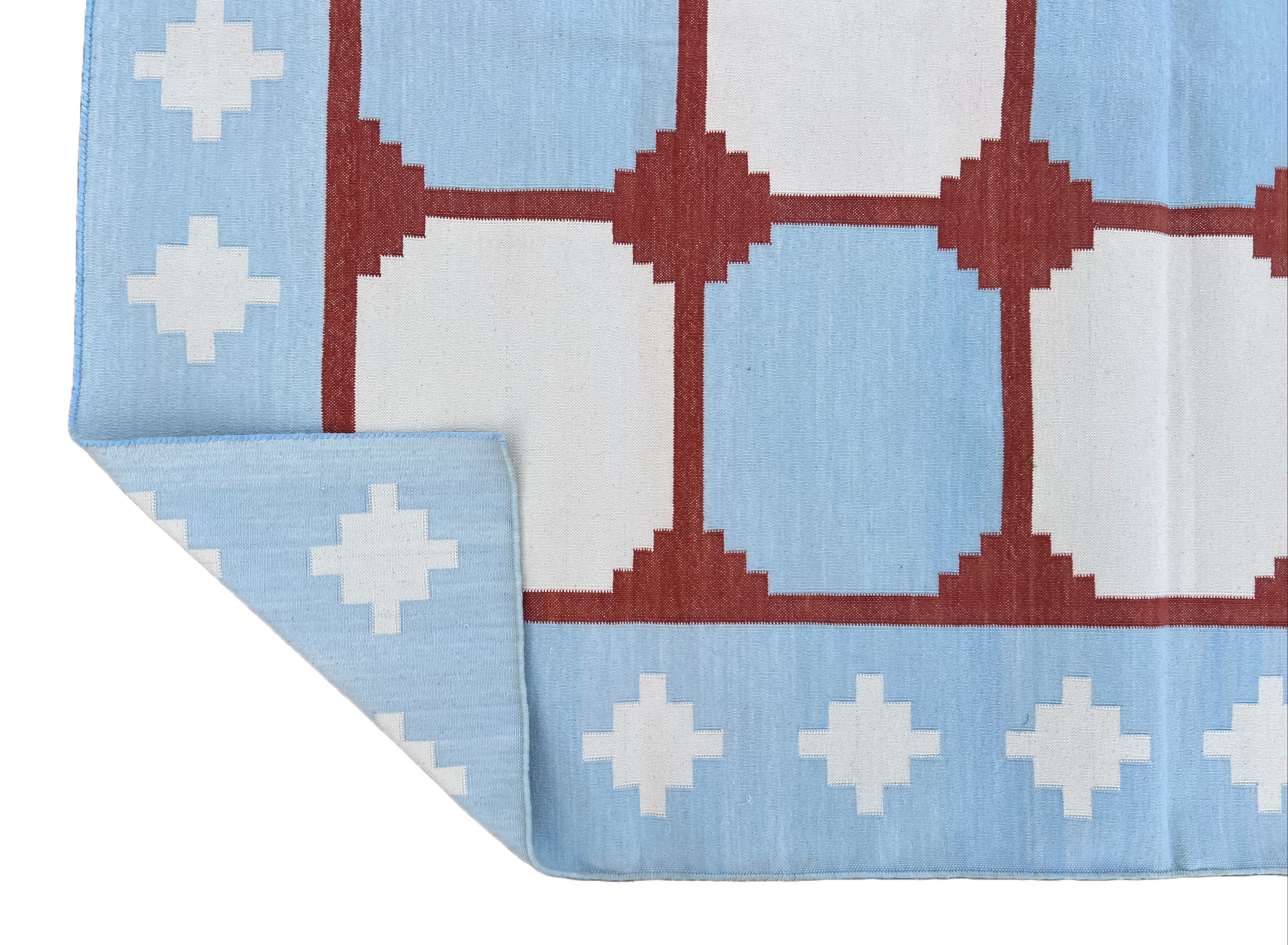 Modern Handmade Cotton Sky Blue, Cream And Terracotta Area Rug-6457