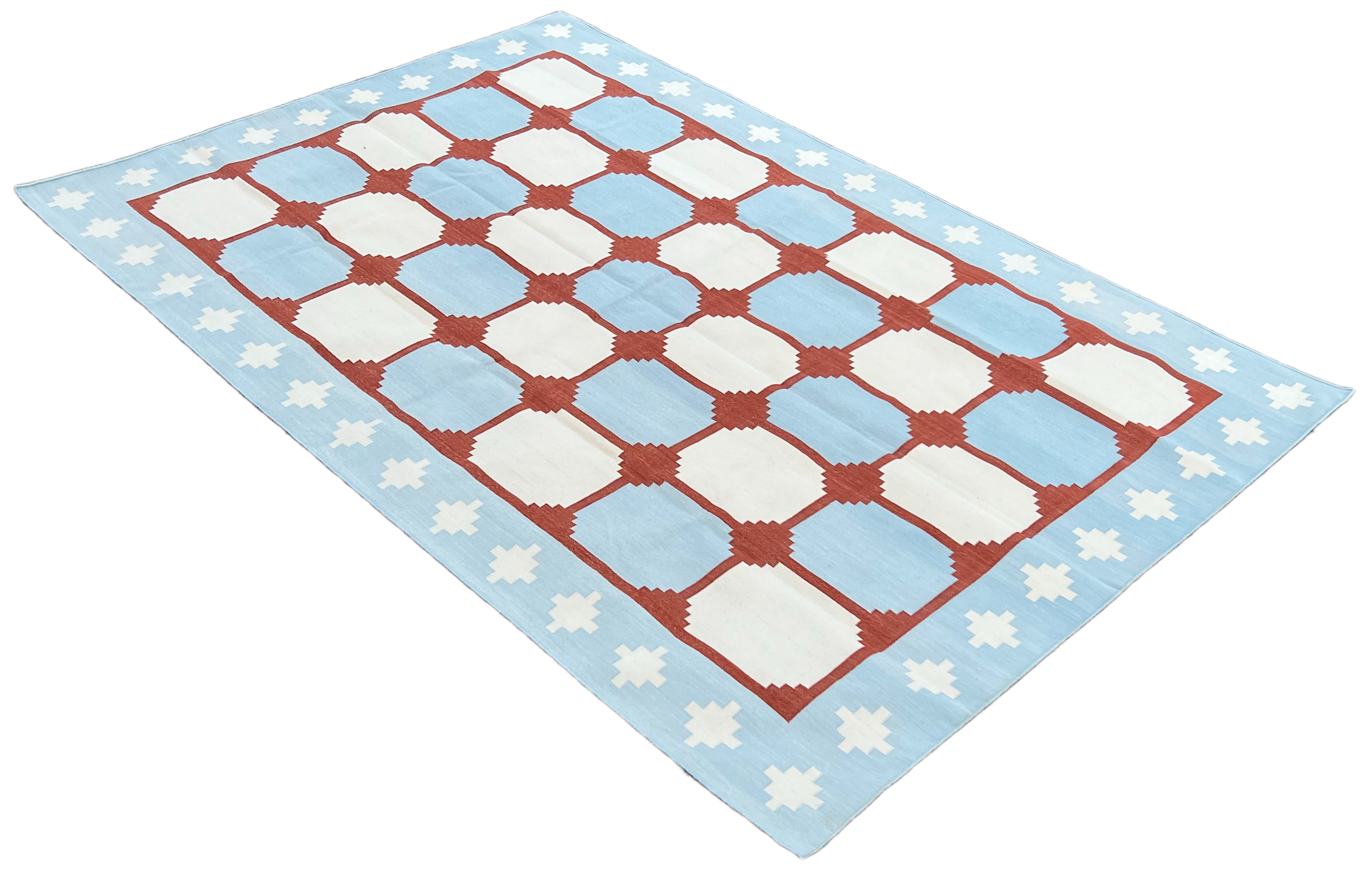 Modern Handmade Cotton Sky Blue, Cream And Terracotta Area Rug-6457